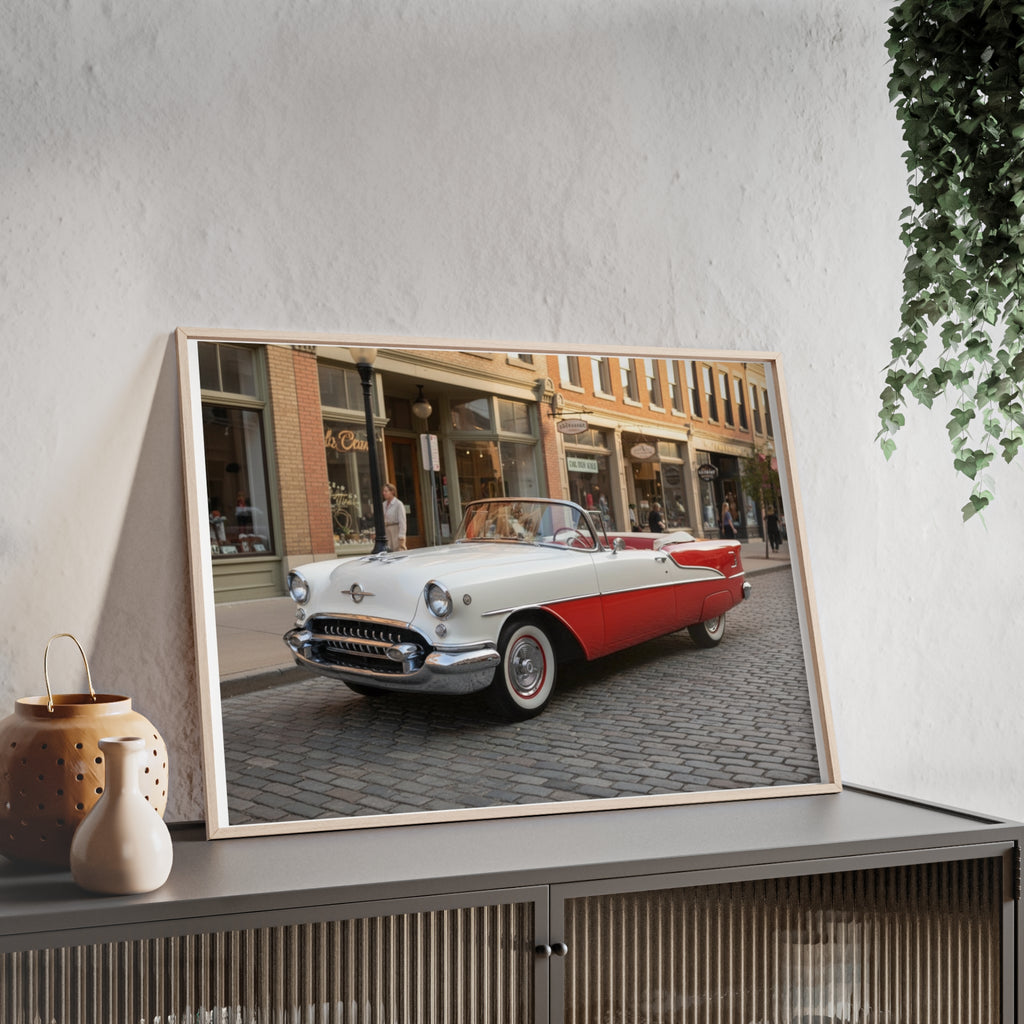 Vintage Red & White Convertible Poster with Wooden Frame — Retro Car Wall Art
