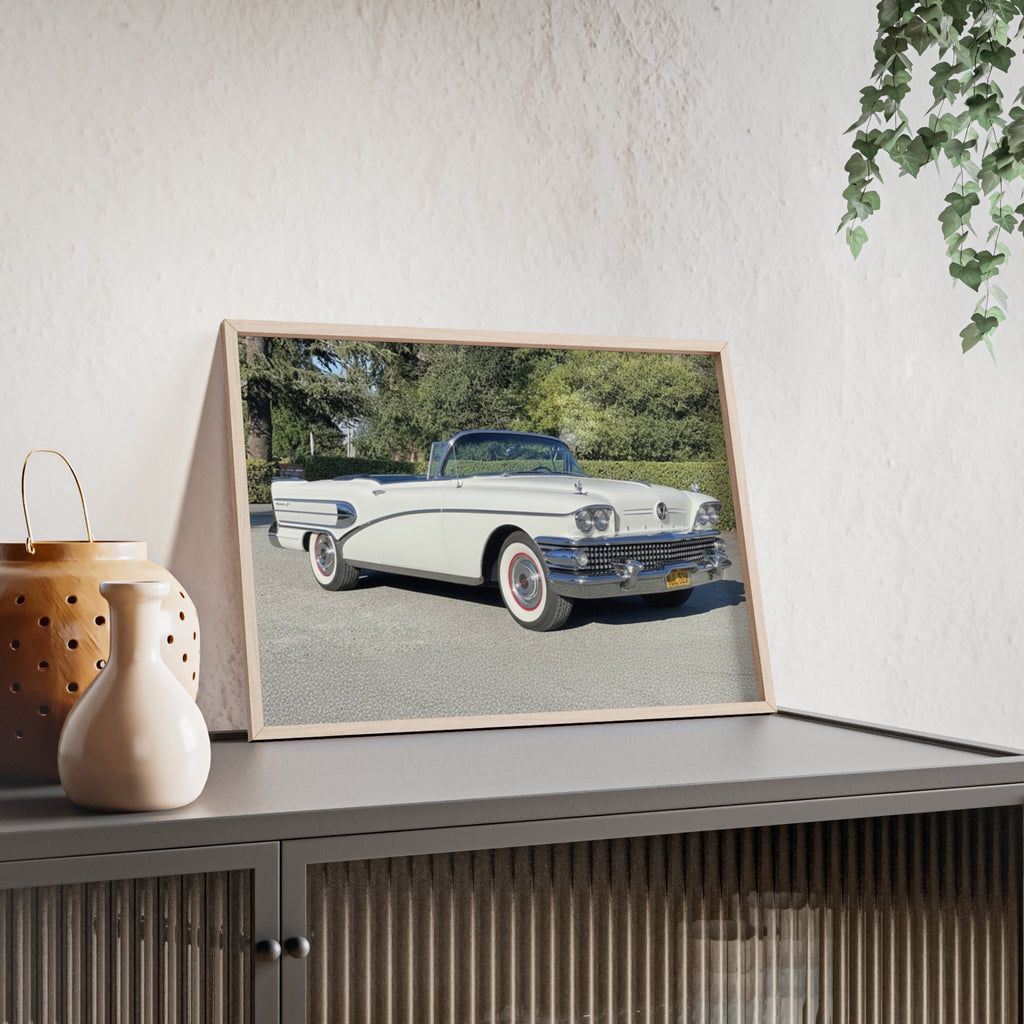 Classic White Convertible Car Poster with Wooden Frame — Vintage Auto Wall Art