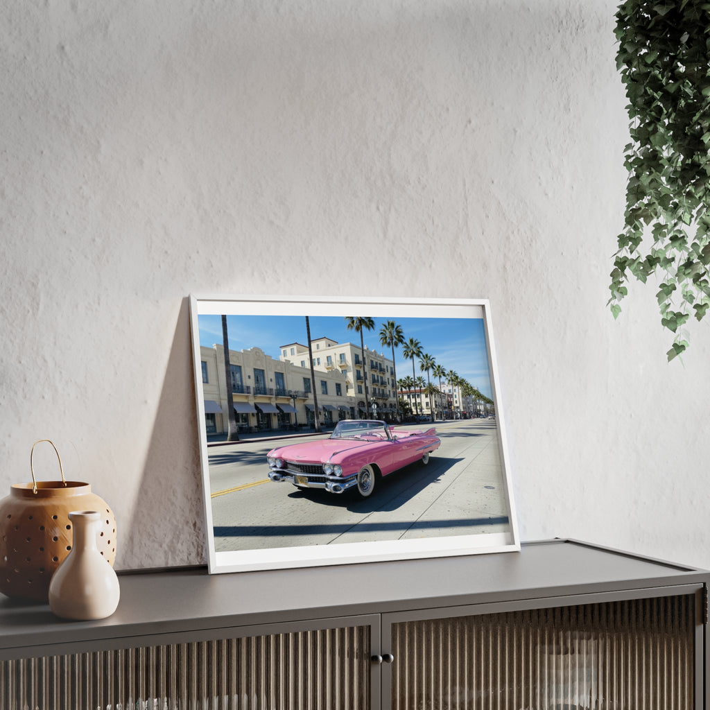 Retro Pink Cadillac Poster with Wooden Frame — Vintage Palm-Drive Wall Art