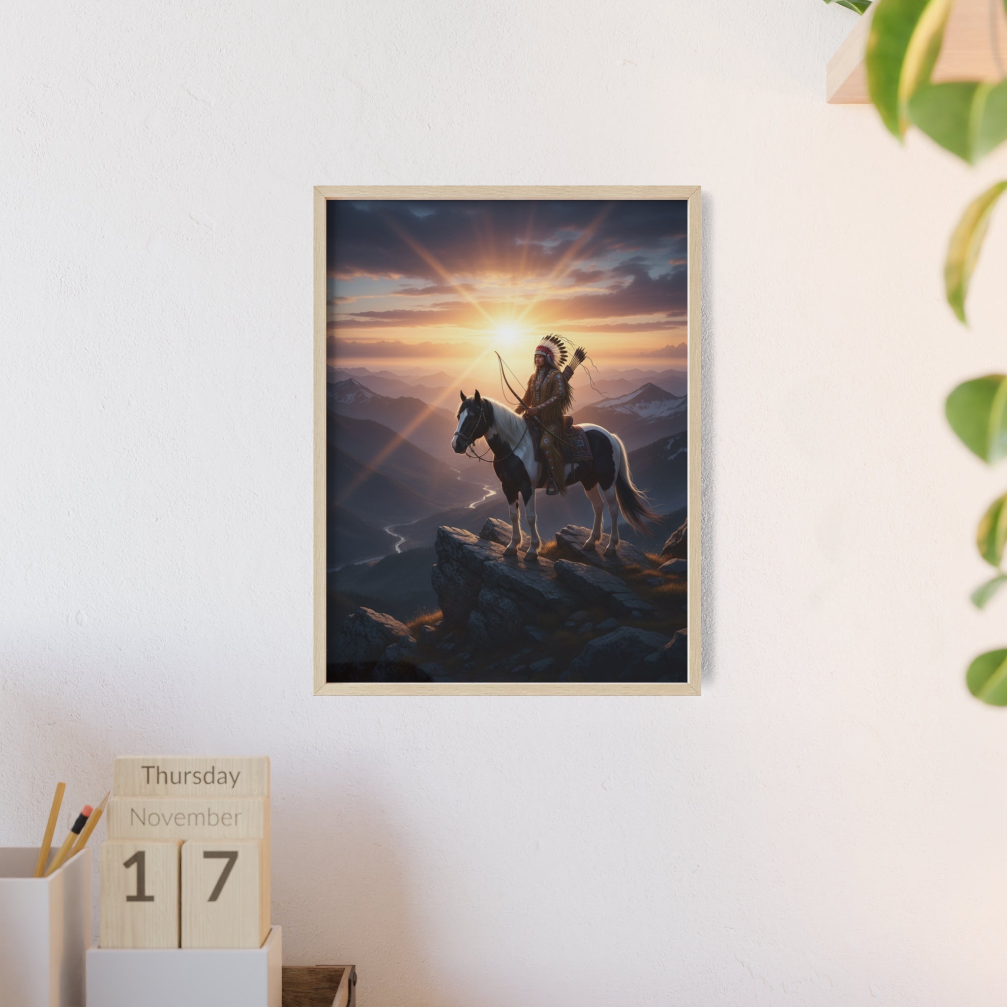Native American Warrior on Horse Framed Poster — Scenic Sunrise Wall Art