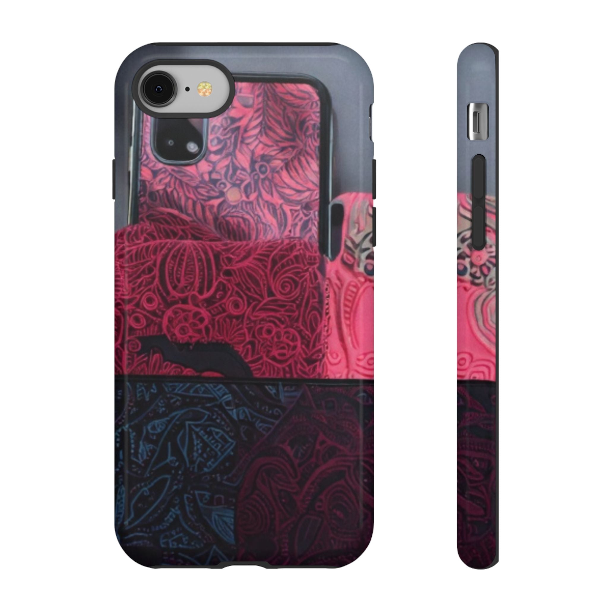 Floral Patchwork Tough Phone Case — Pink & Navy Doodle Design