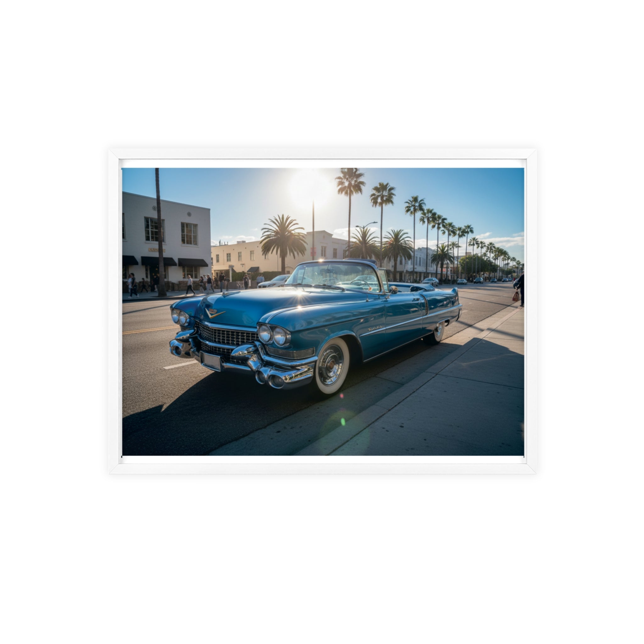 Framed Vintage Cadillac Poster – Retro Palm-Tree Coastal Car Wall Art
