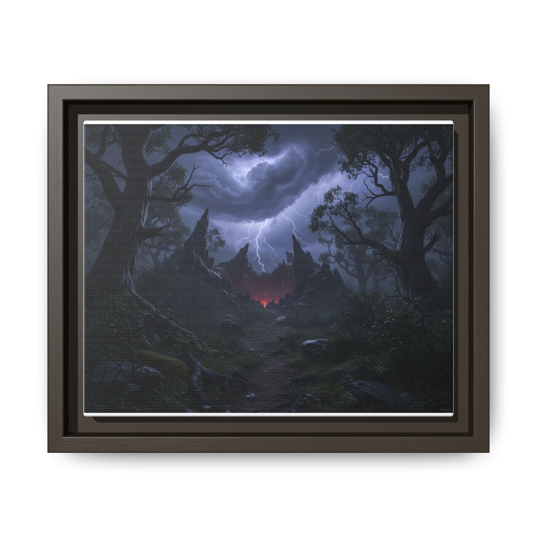 Dark Storm Forest Framed Canvas Print — Lightning, Haunted Castle Art
