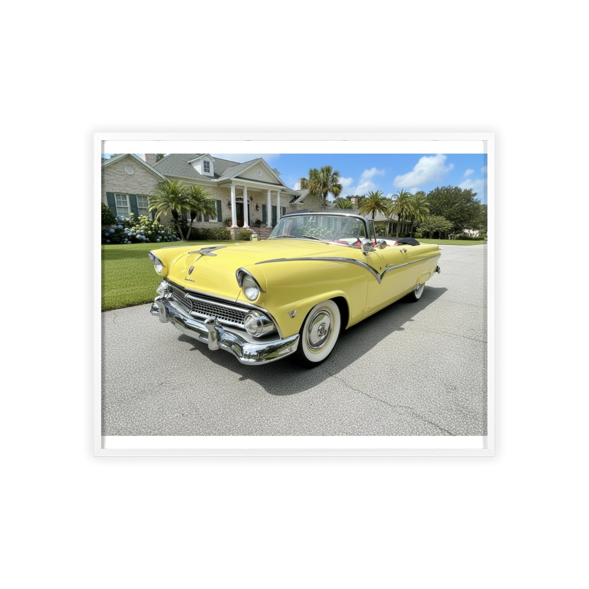 Vintage Yellow Classic Car Poster — Framed Wooden Wall Art