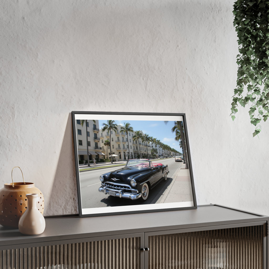 Vintage Convertible on Ocean Drive Framed Poster – Retro Classic Car Wall Art
