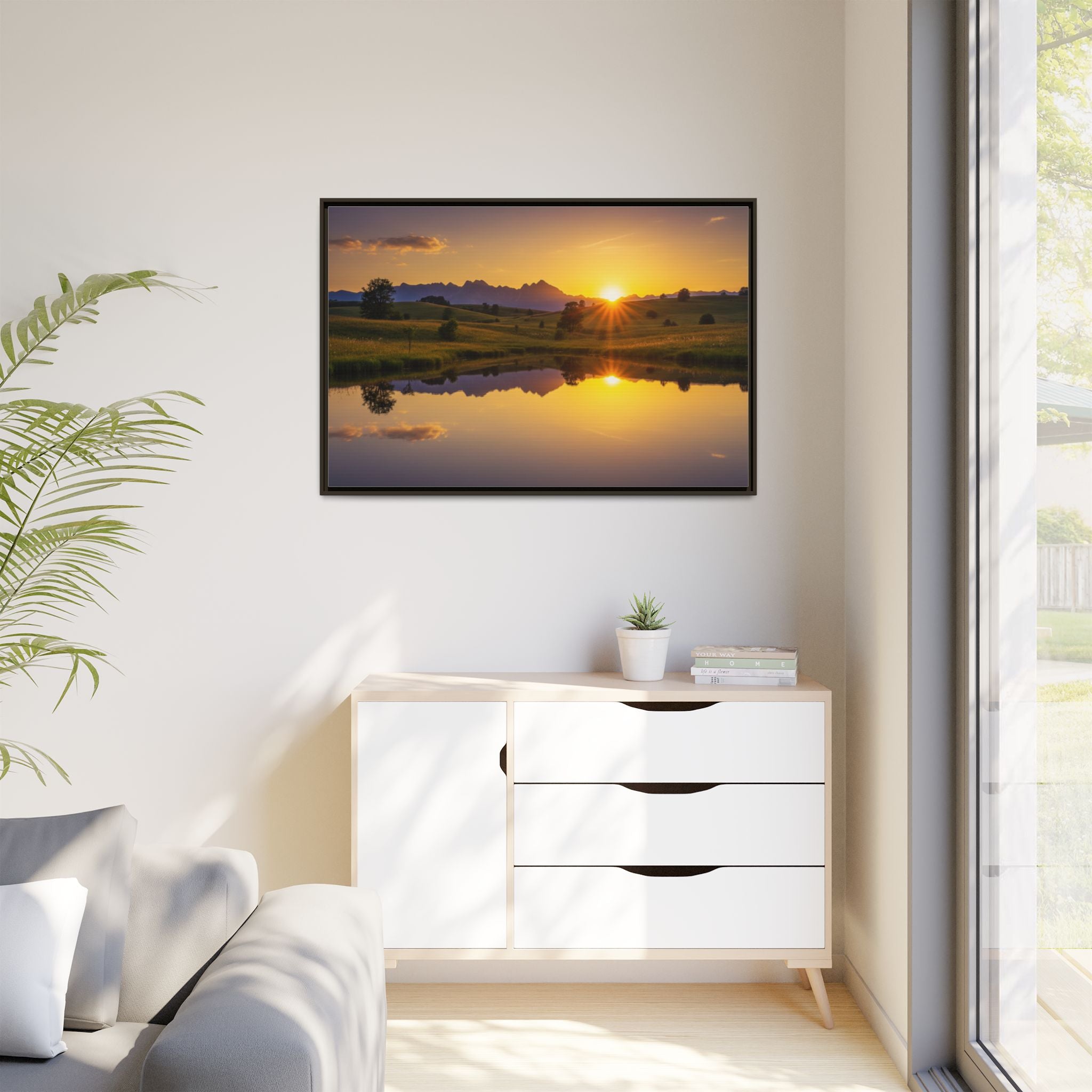 Framed Matte Canvas Sunset Landscape — Serene Lake Reflection Wall Art