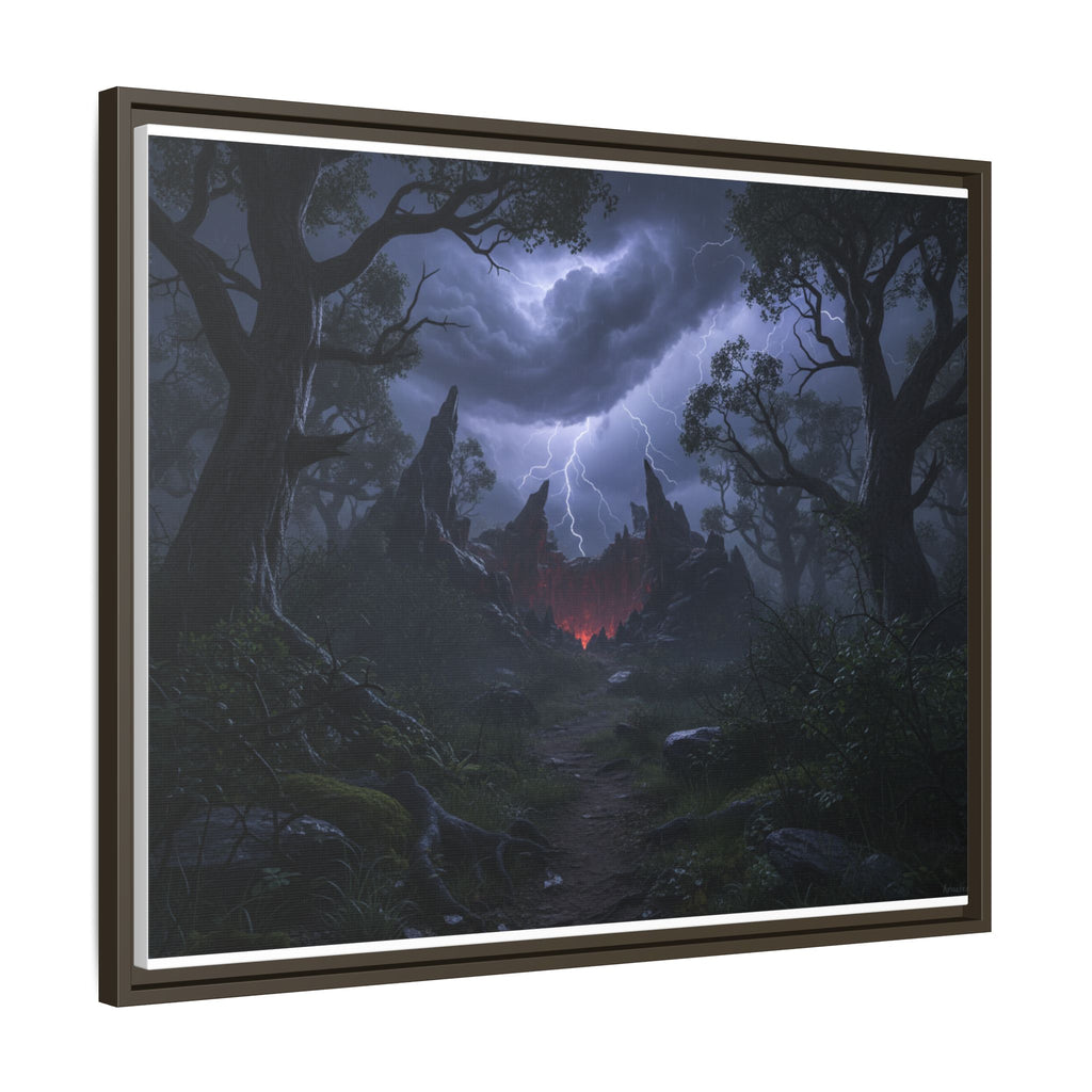 Dark Storm Forest Framed Canvas Print — Lightning, Haunted Castle Art