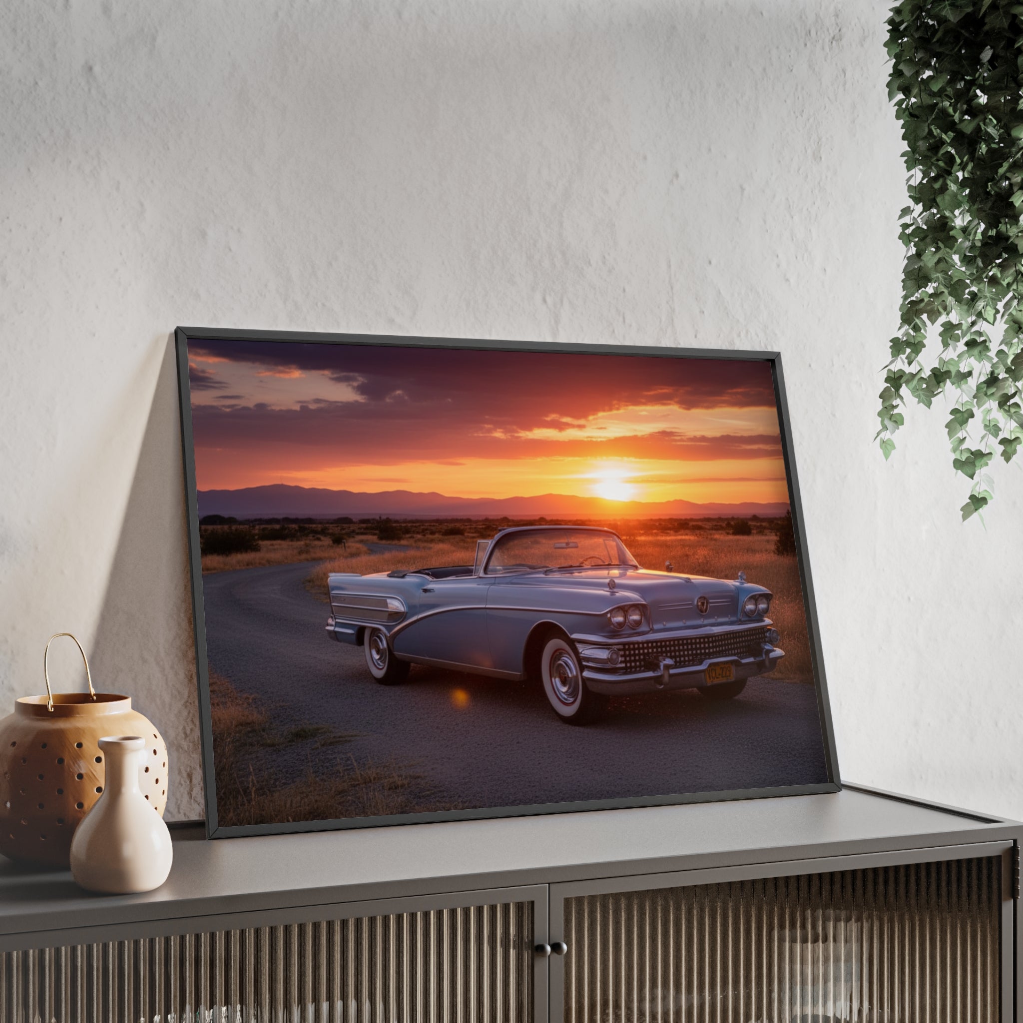 Vintage Convertible Sunset Poster with Wooden Frame
