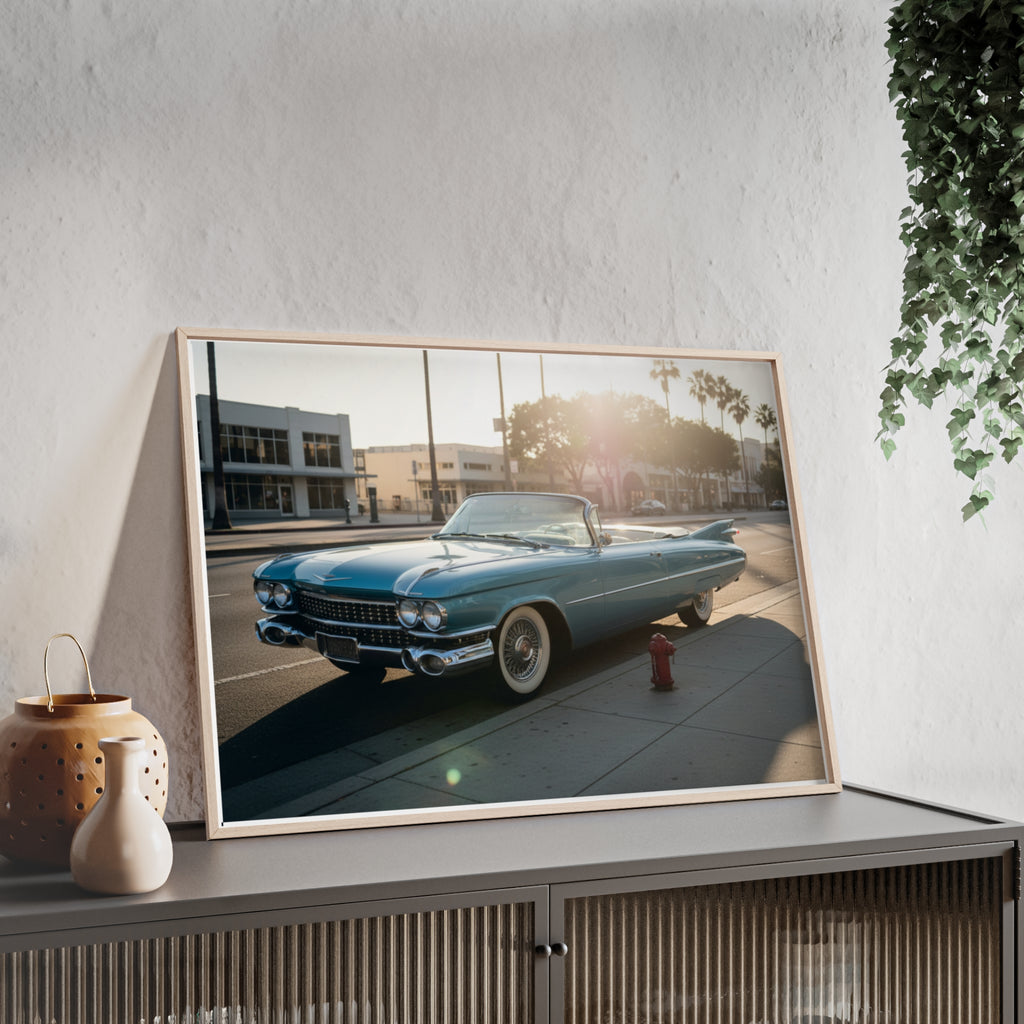 Vintage Blue Cadillac Poster with Wooden Frame – Retro Car Wall Art