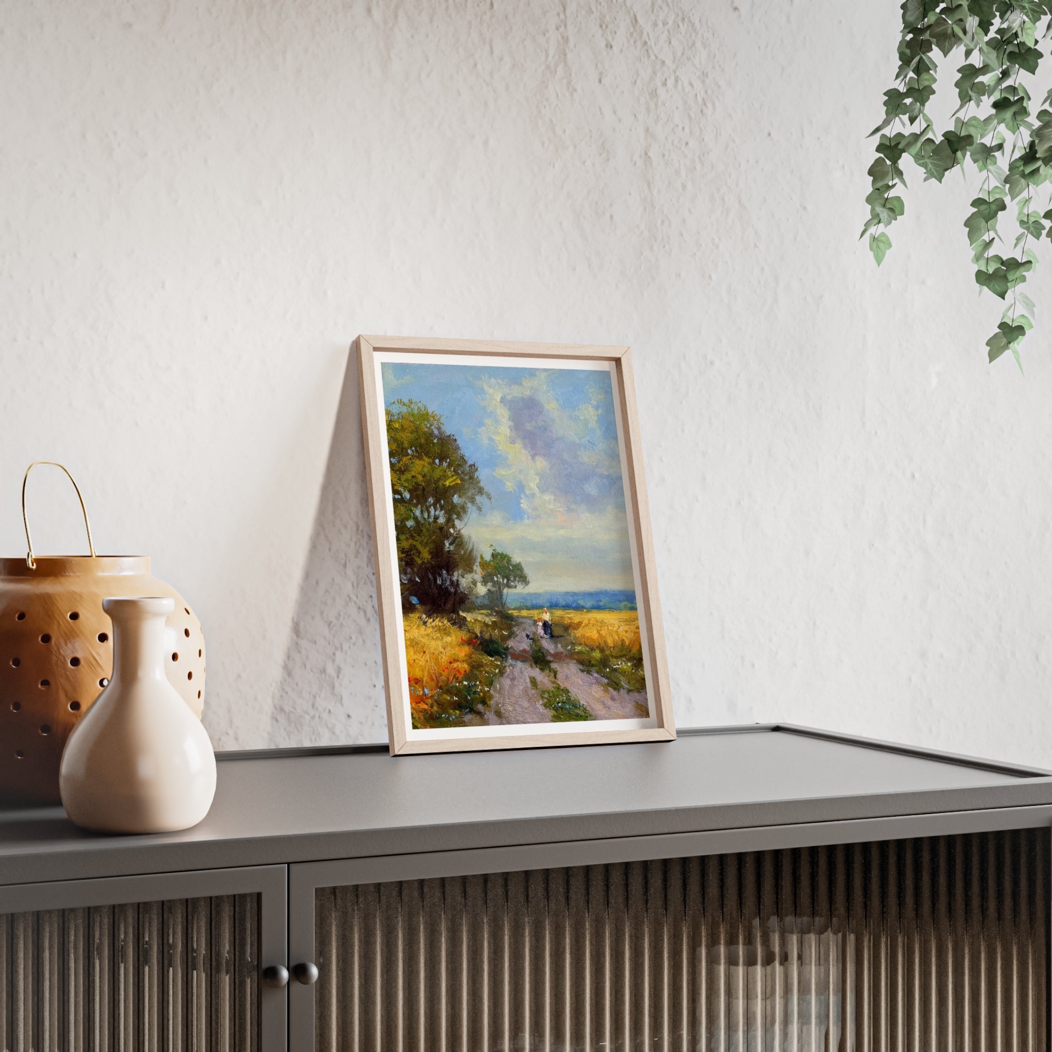 Framed Countryside Landscape Poster — Rustic Wooden Frame Wall Art