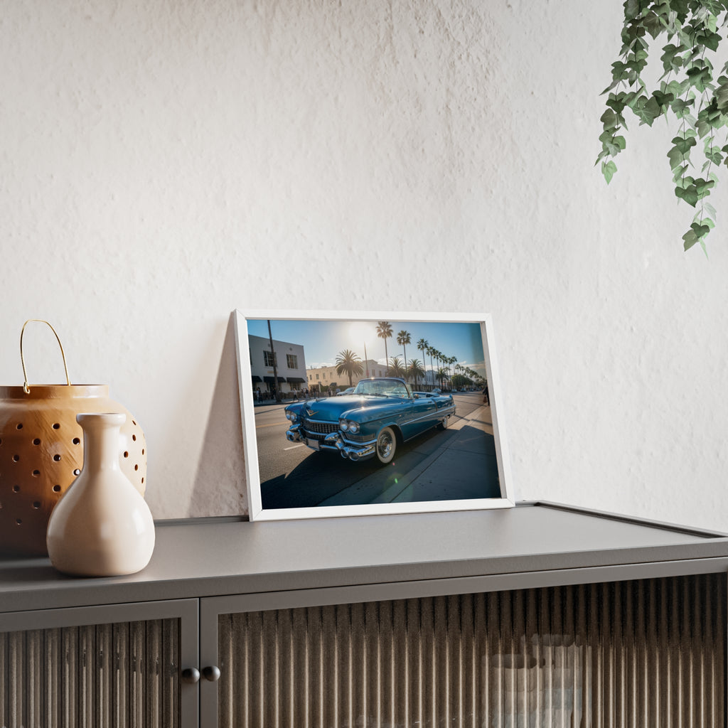 Framed Vintage Cadillac Poster – Retro Palm-Tree Coastal Car Wall Art