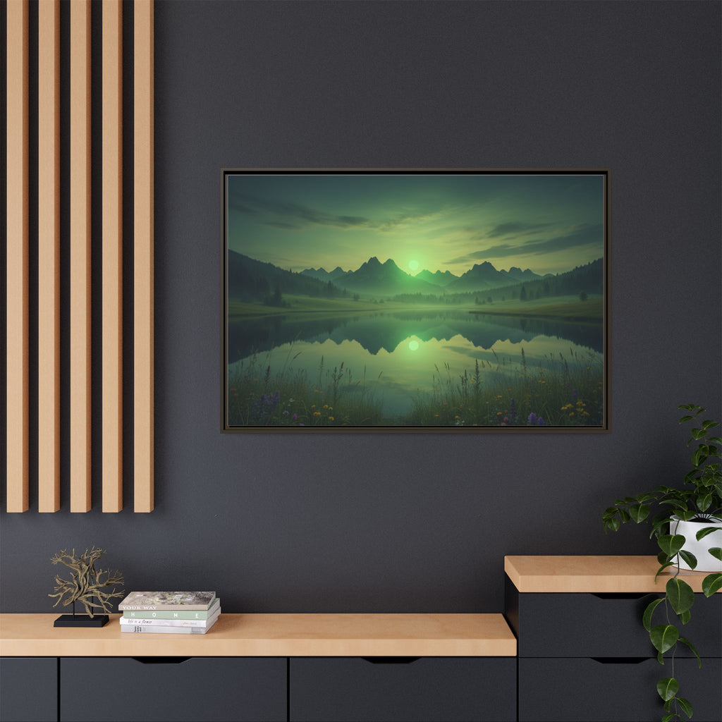Framed Matte Canvas Print — Serene Green Mountain Lake Landscape