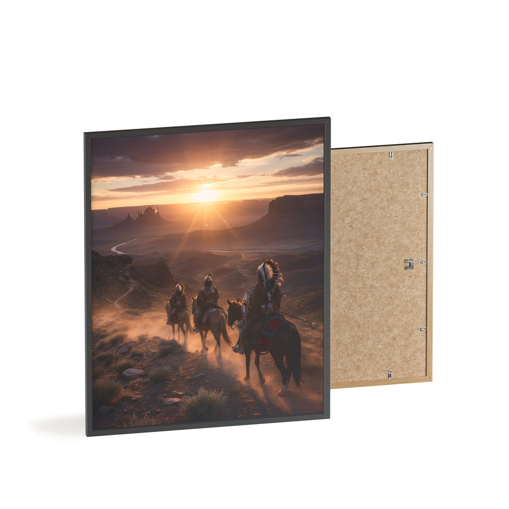 Framed Western Sunset Poster — Native Riders on Horseback Wall Art