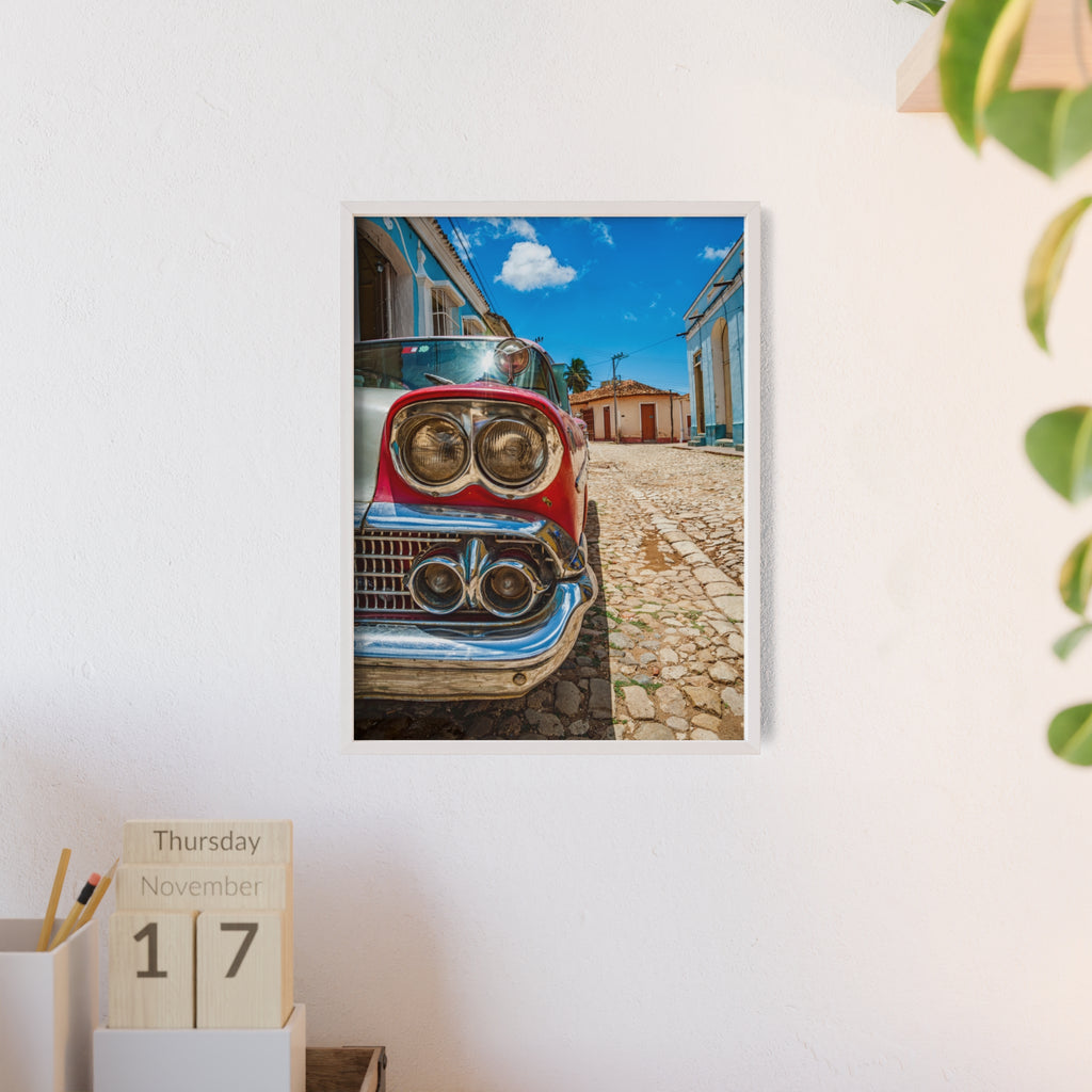 Vintage Classic Car Poster with Wooden Frame — Retro Cuba Street Photography Wall Art