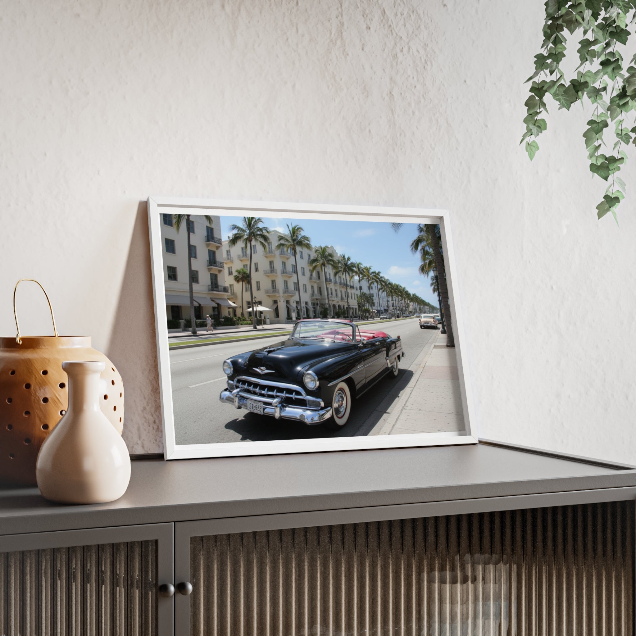 Vintage Convertible on Ocean Drive Framed Poster – Retro Classic Car Wall Art