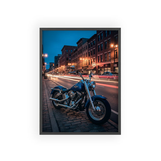 Framed Motorcycle Poster — Night City Street Bike Wall Art