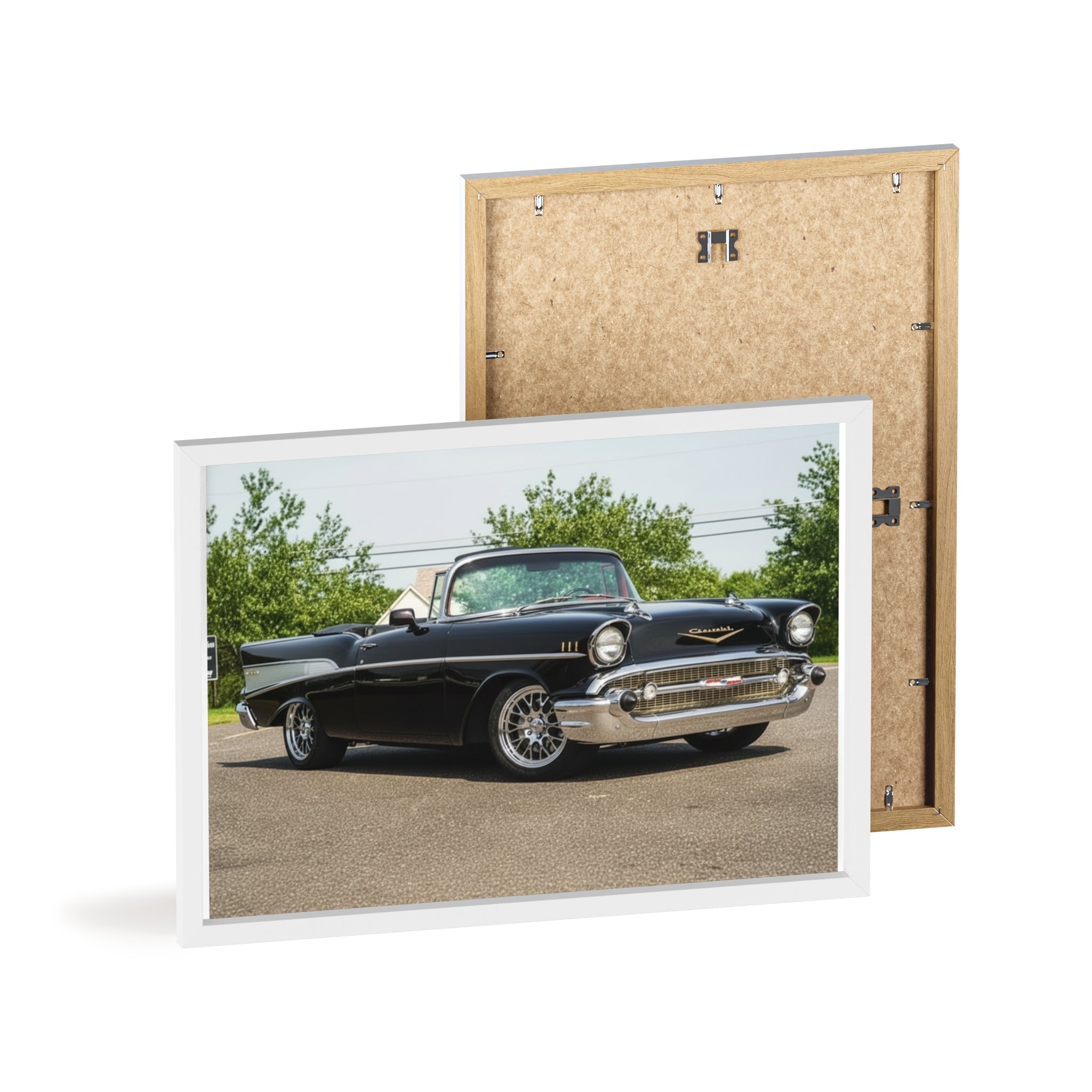 Classic Black 1957 Chevy Poster with Wooden Frame — Vintage Car Wall Art