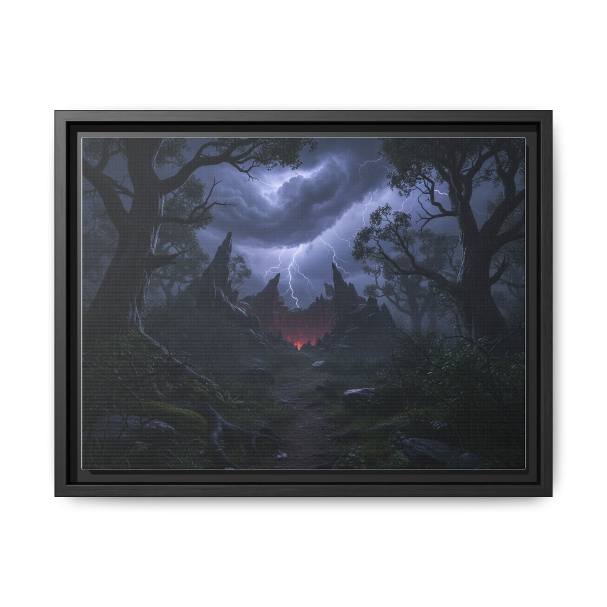 Dark Storm Forest Framed Canvas Print — Lightning, Haunted Castle Art