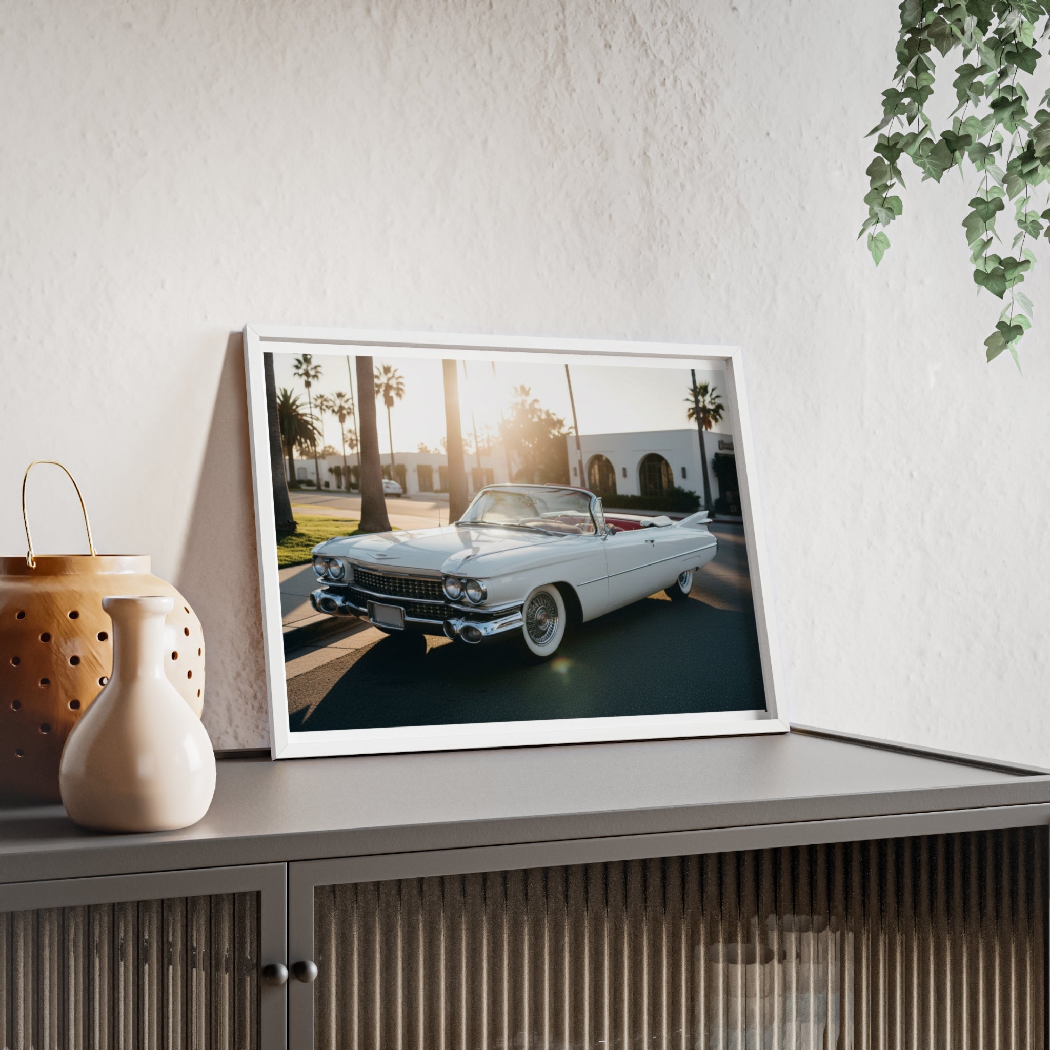 Vintage Cadillac Convertible Poster with Wooden Frame — Retro Palm Trees Sunset Wall Art