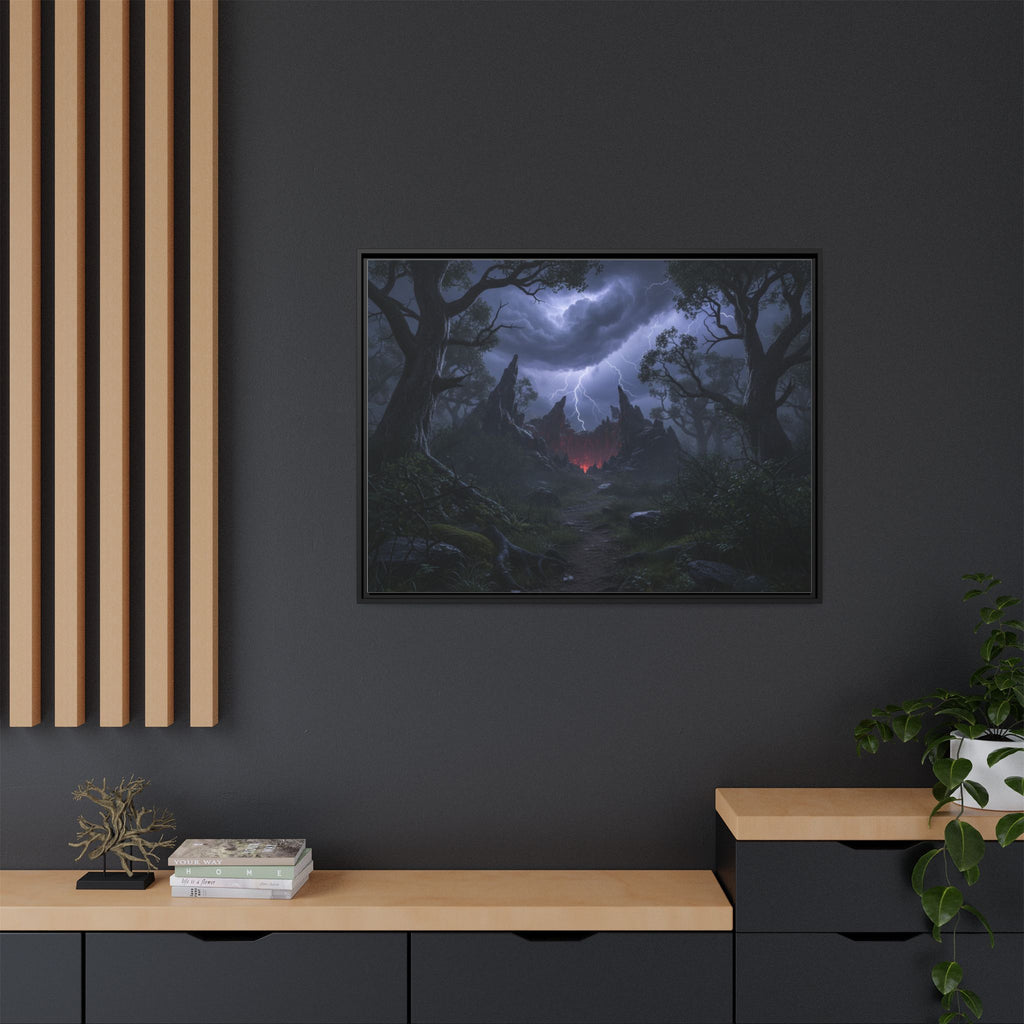 Dark Storm Forest Framed Canvas Print — Lightning, Haunted Castle Art