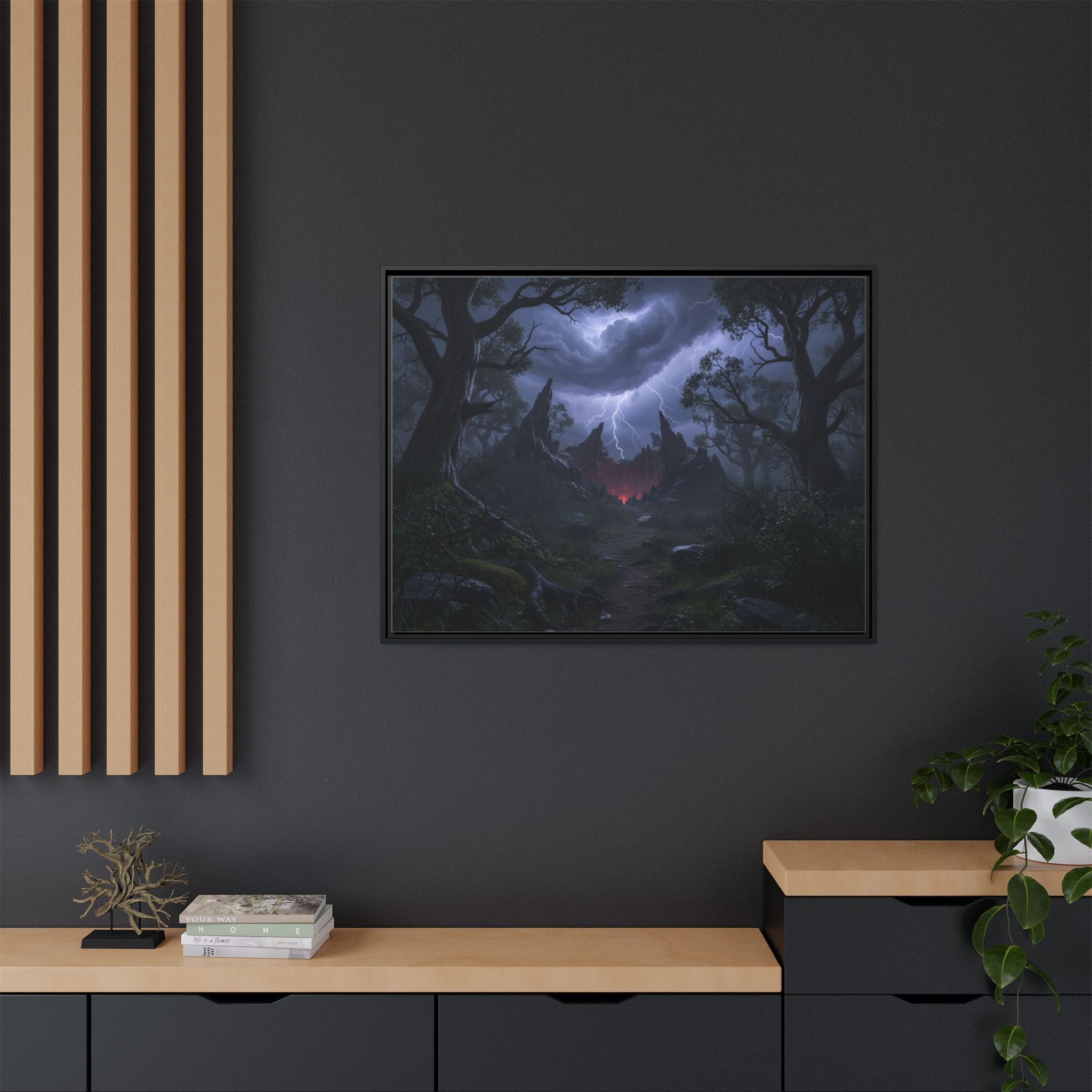 Dark Storm Forest Framed Canvas Print — Lightning, Haunted Castle Art