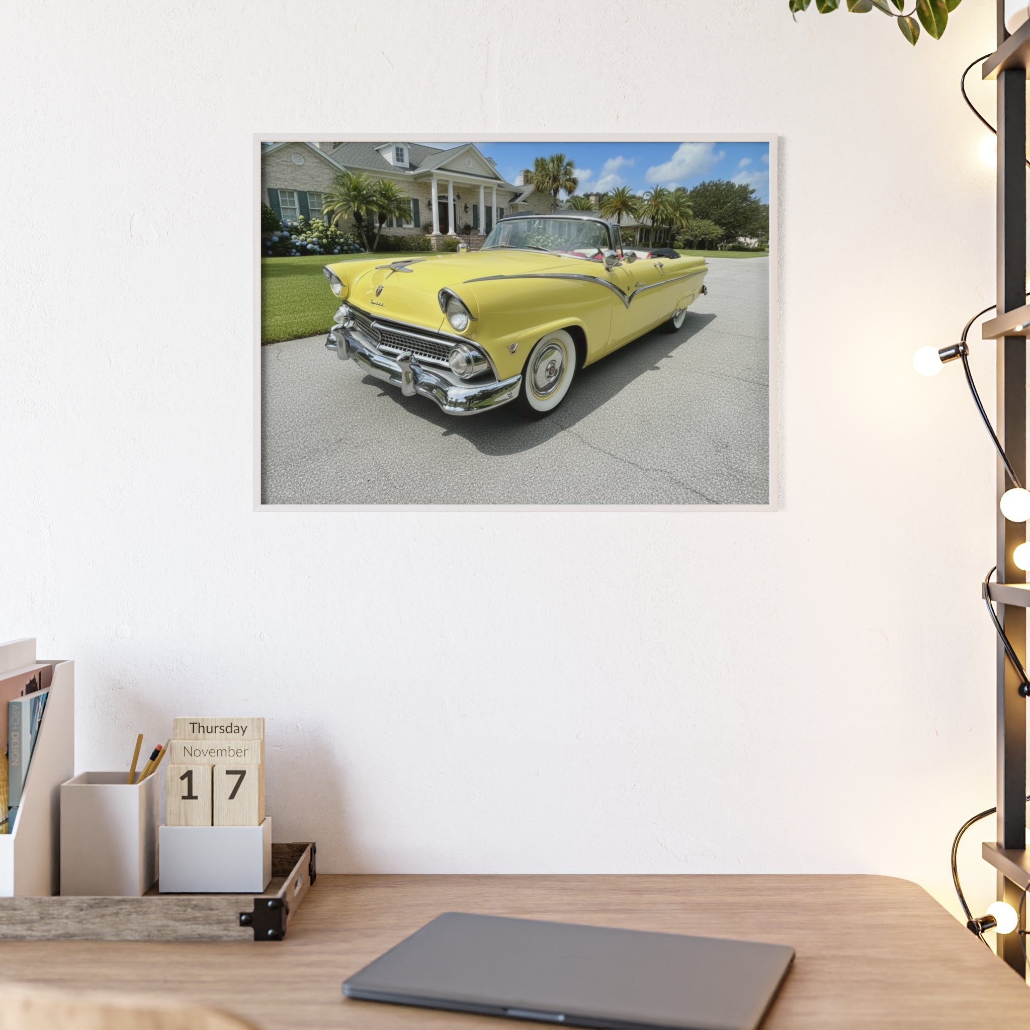 Vintage Yellow Classic Car Poster — Framed Wooden Wall Art