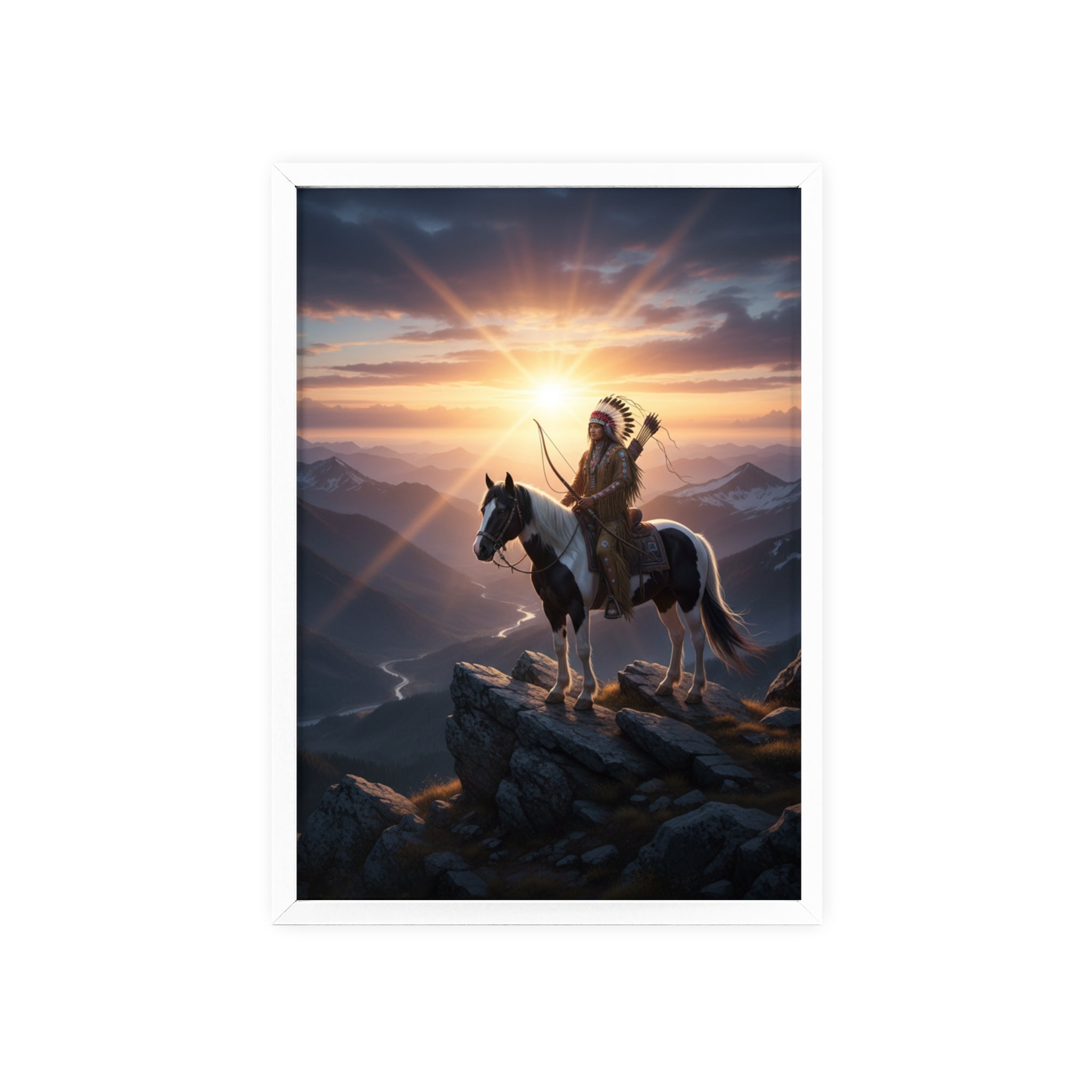 Native American Warrior on Horse Framed Poster — Scenic Sunrise Wall Art