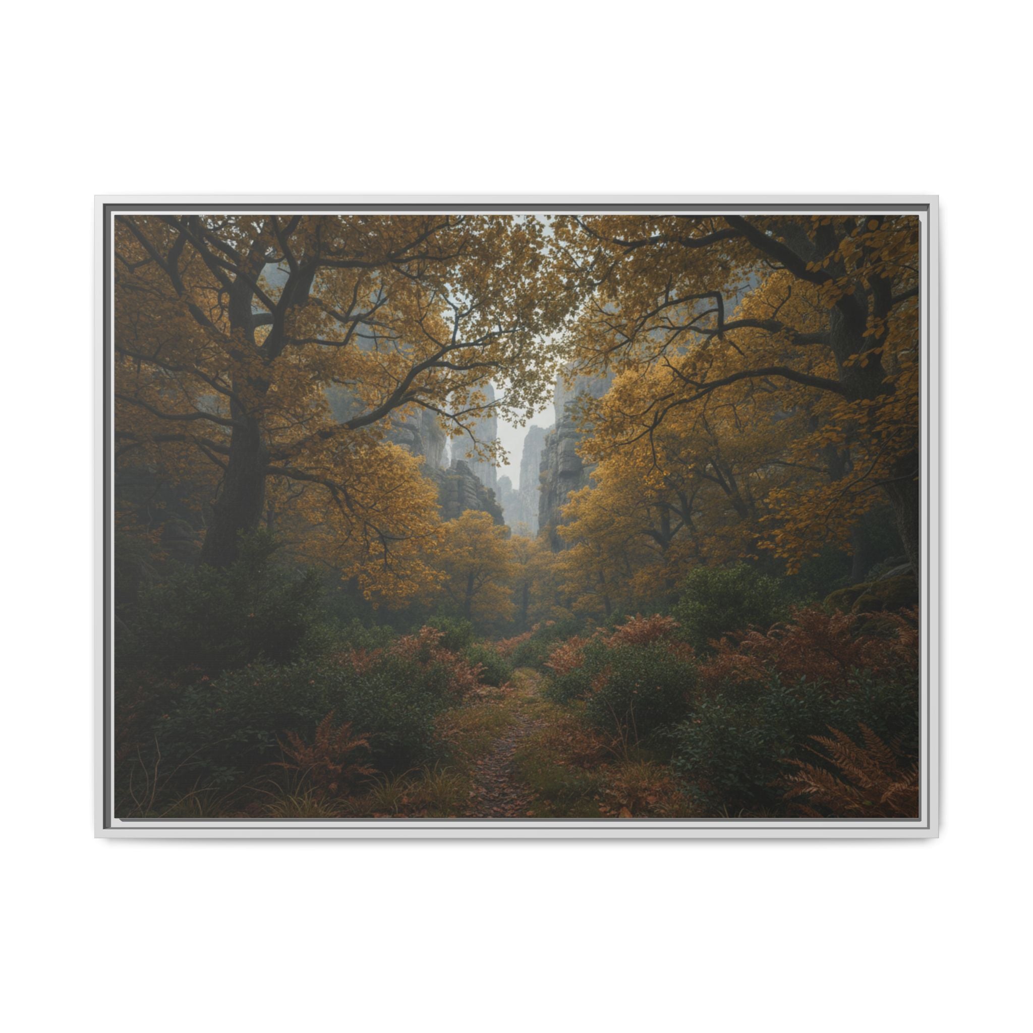 Autumn Forest Path Matte Canvas Print — Framed Wall Art