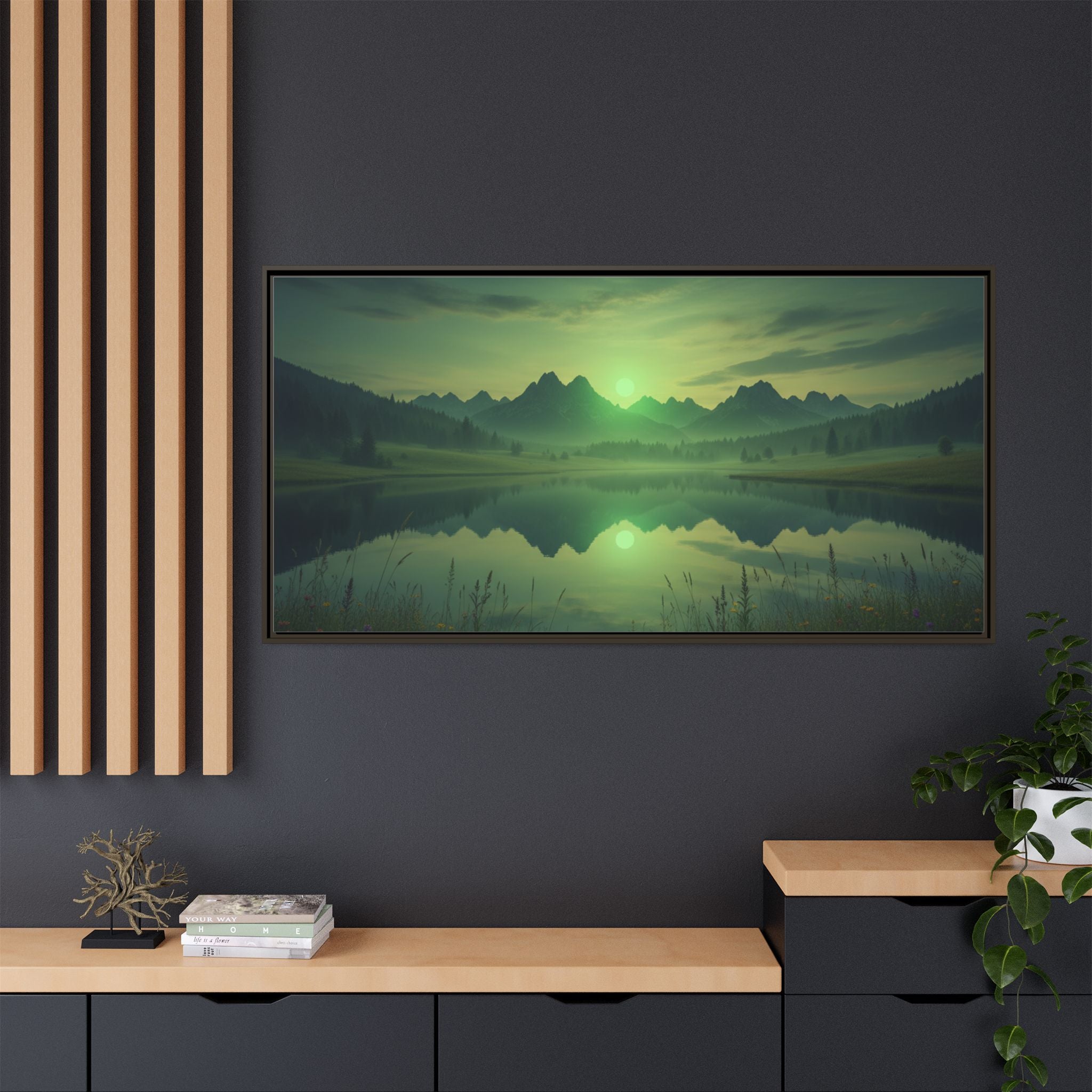 Framed Matte Canvas Print — Serene Green Mountain Lake Landscape