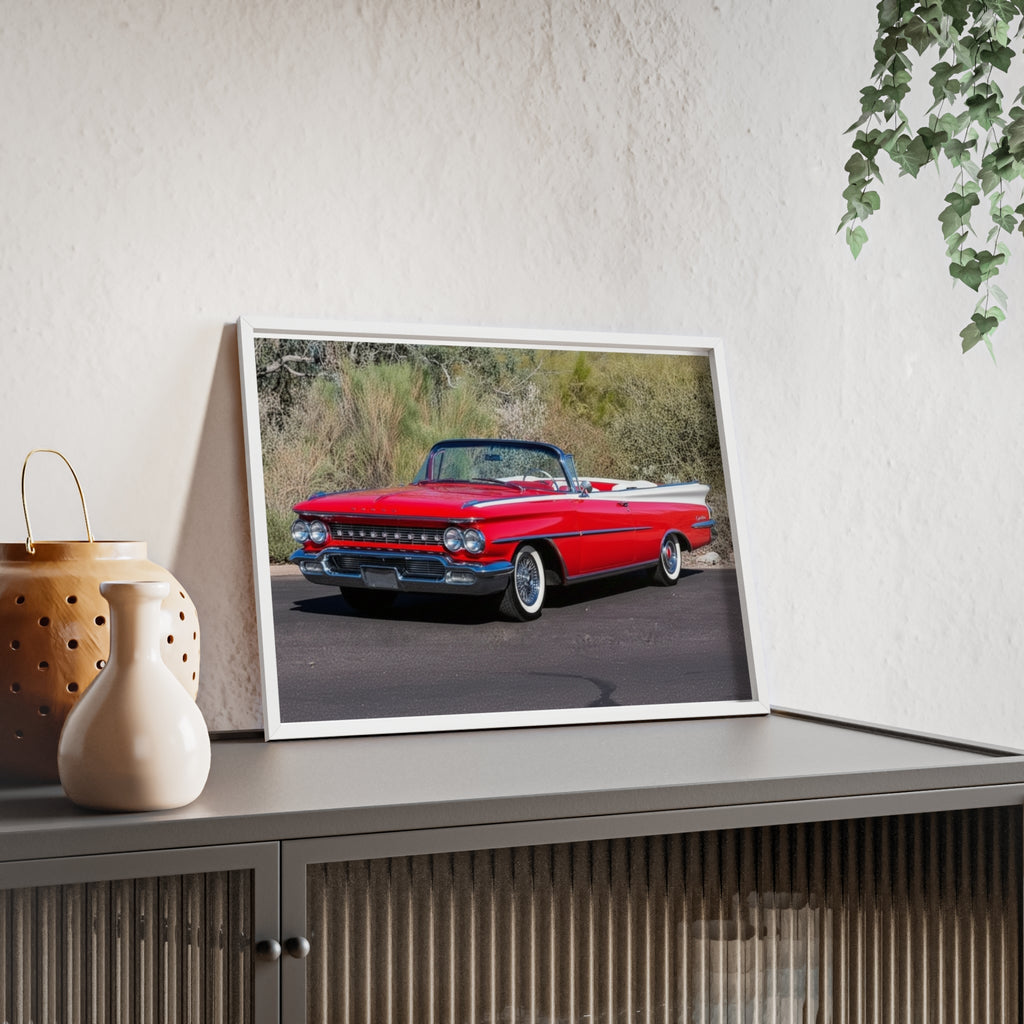 Vintage Red Convertible Car Poster with Wooden Frame — Classic Auto Wall Art