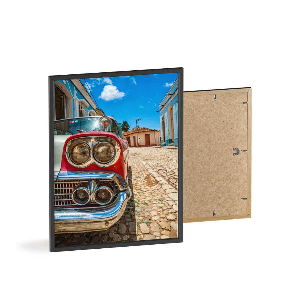 Vintage Classic Car Poster with Wooden Frame — Retro Cuba Street Photography Wall Art