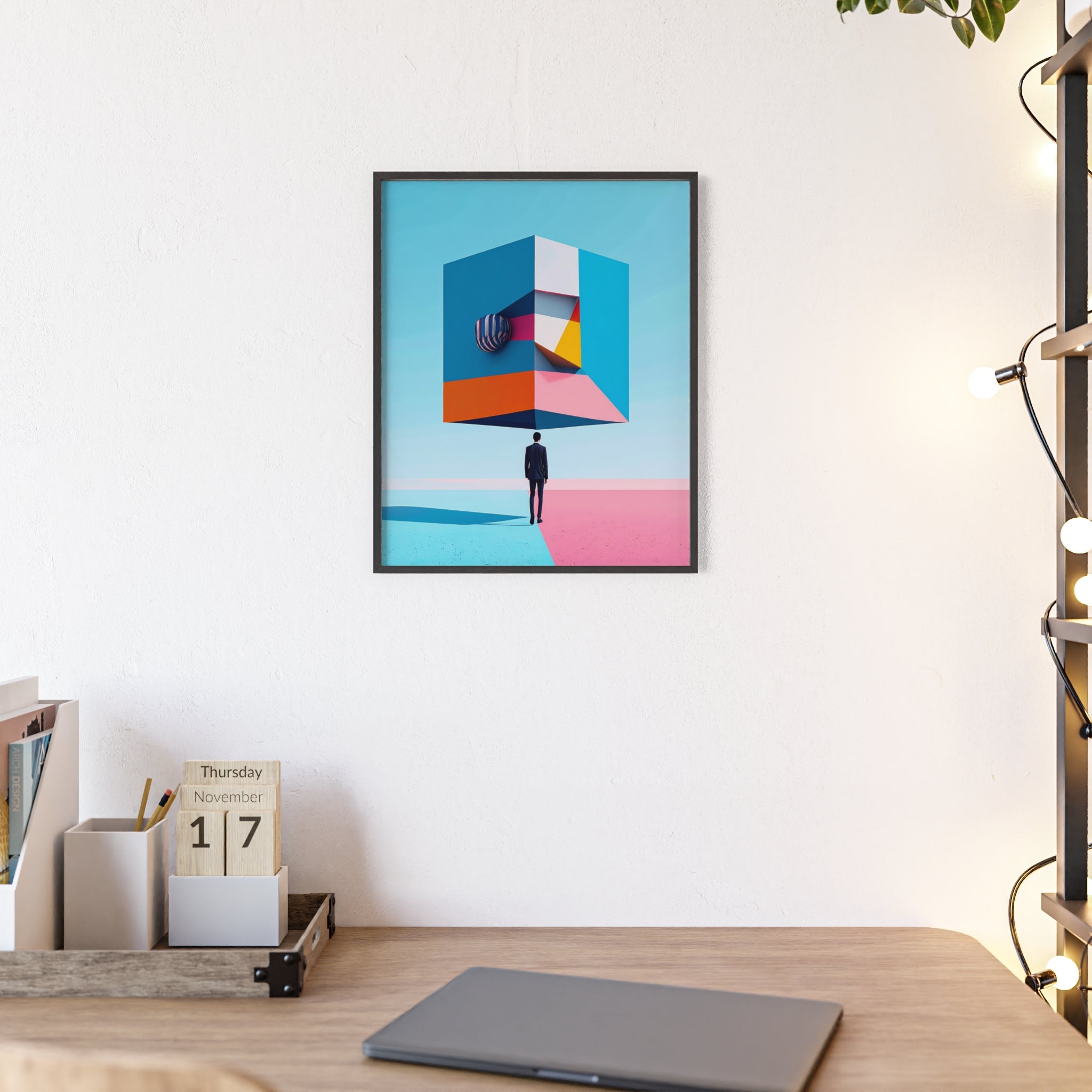 Surreal Geometric Art Poster with Wooden Frame — Modern Minimal Wall Decor