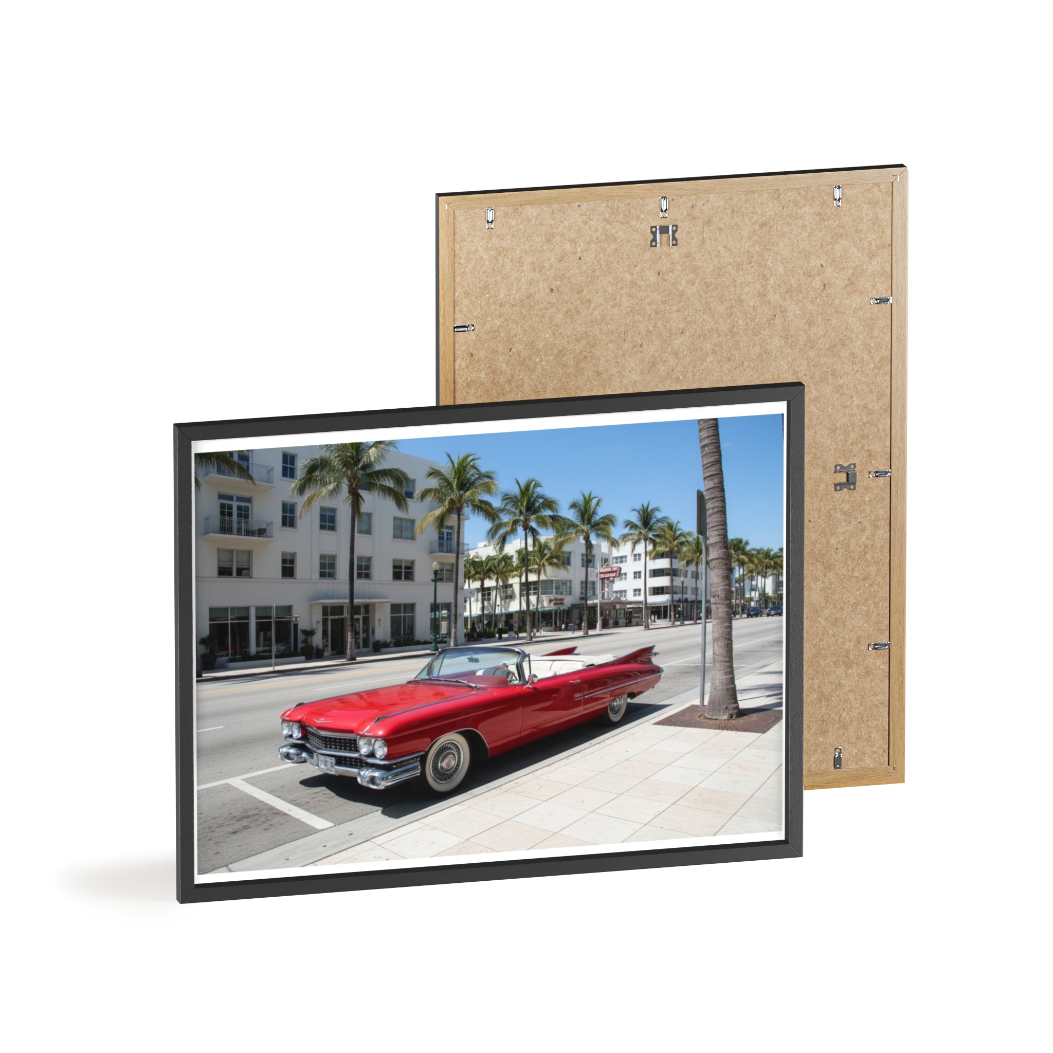 Retro Red Convertible Palm Beach Poster with Wooden Frame
