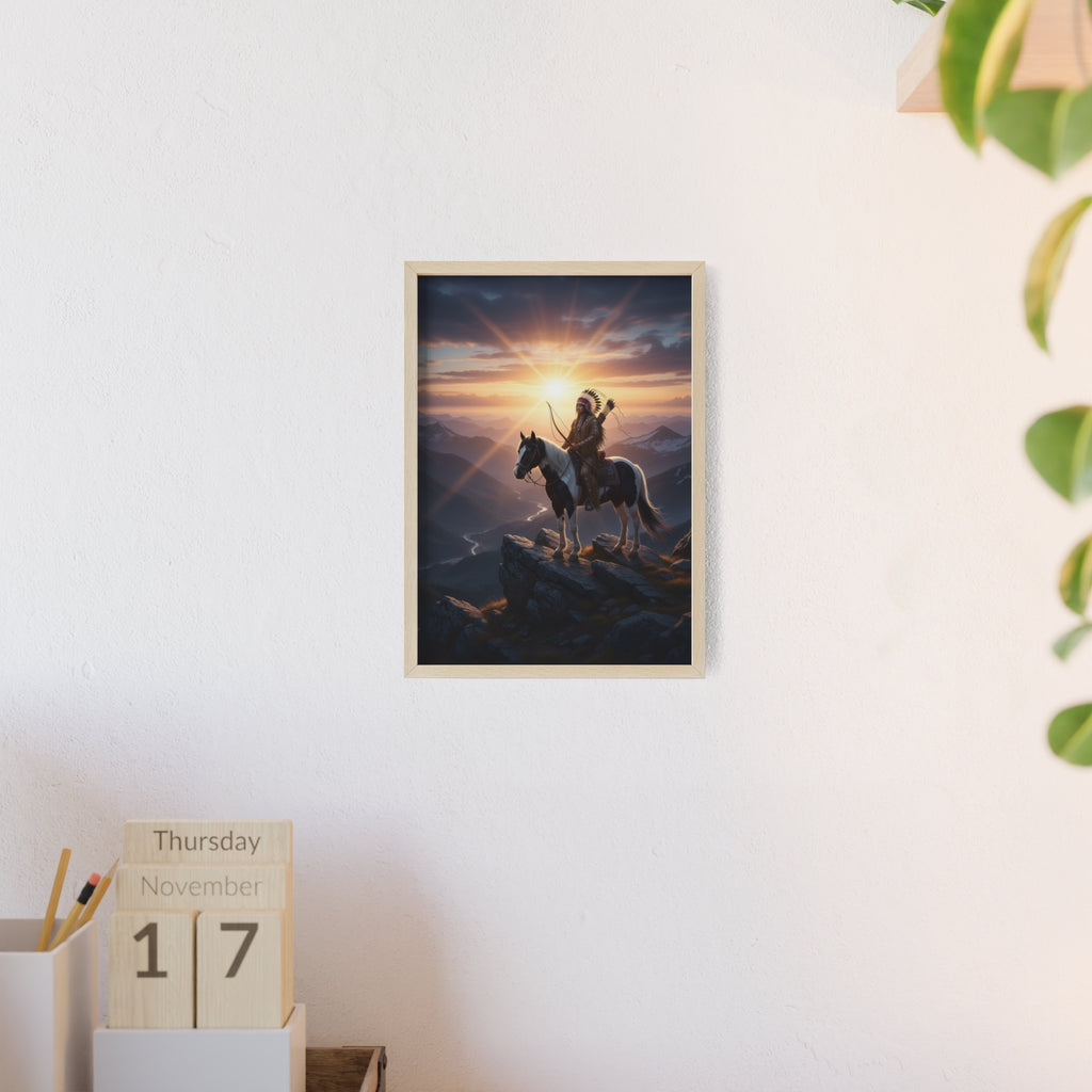 Native American Warrior on Horse Framed Poster — Scenic Sunrise Wall Art