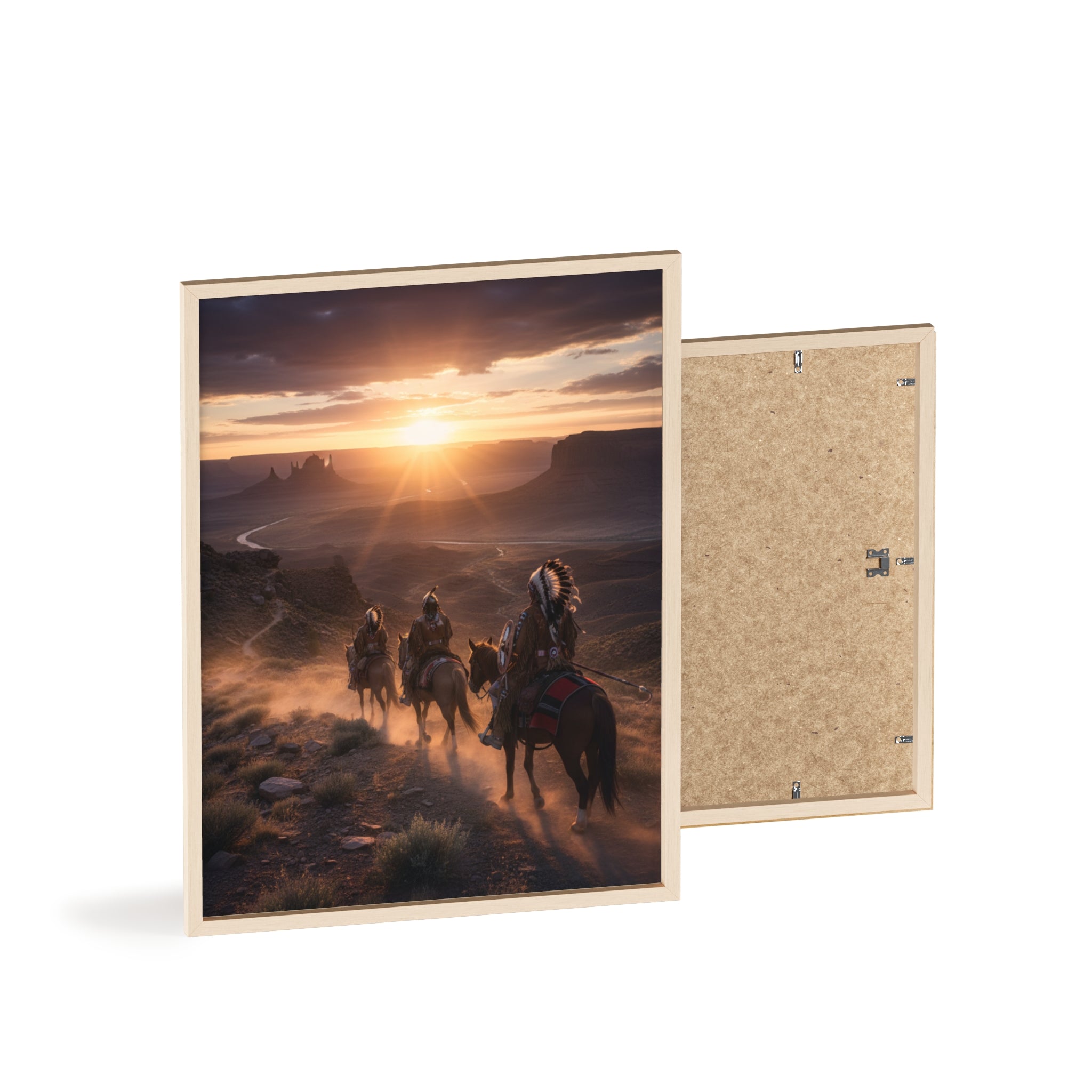 Framed Western Sunset Poster — Native Riders on Horseback Wall Art