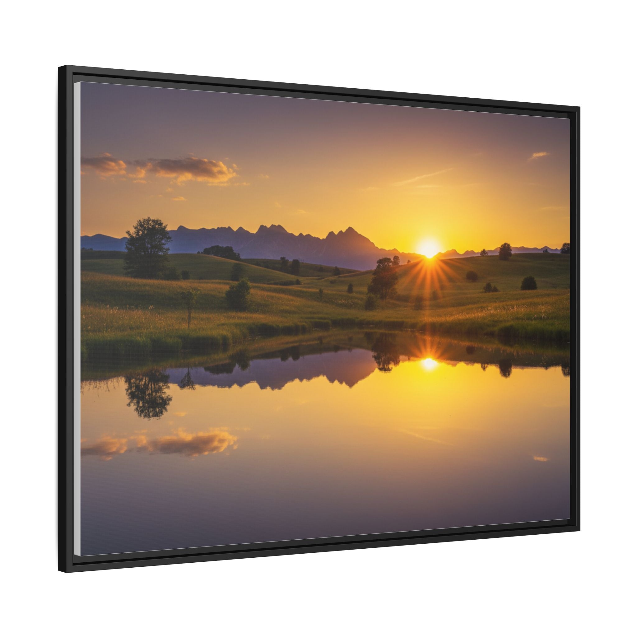 Framed Matte Canvas Sunset Landscape — Serene Lake Reflection Wall Art
