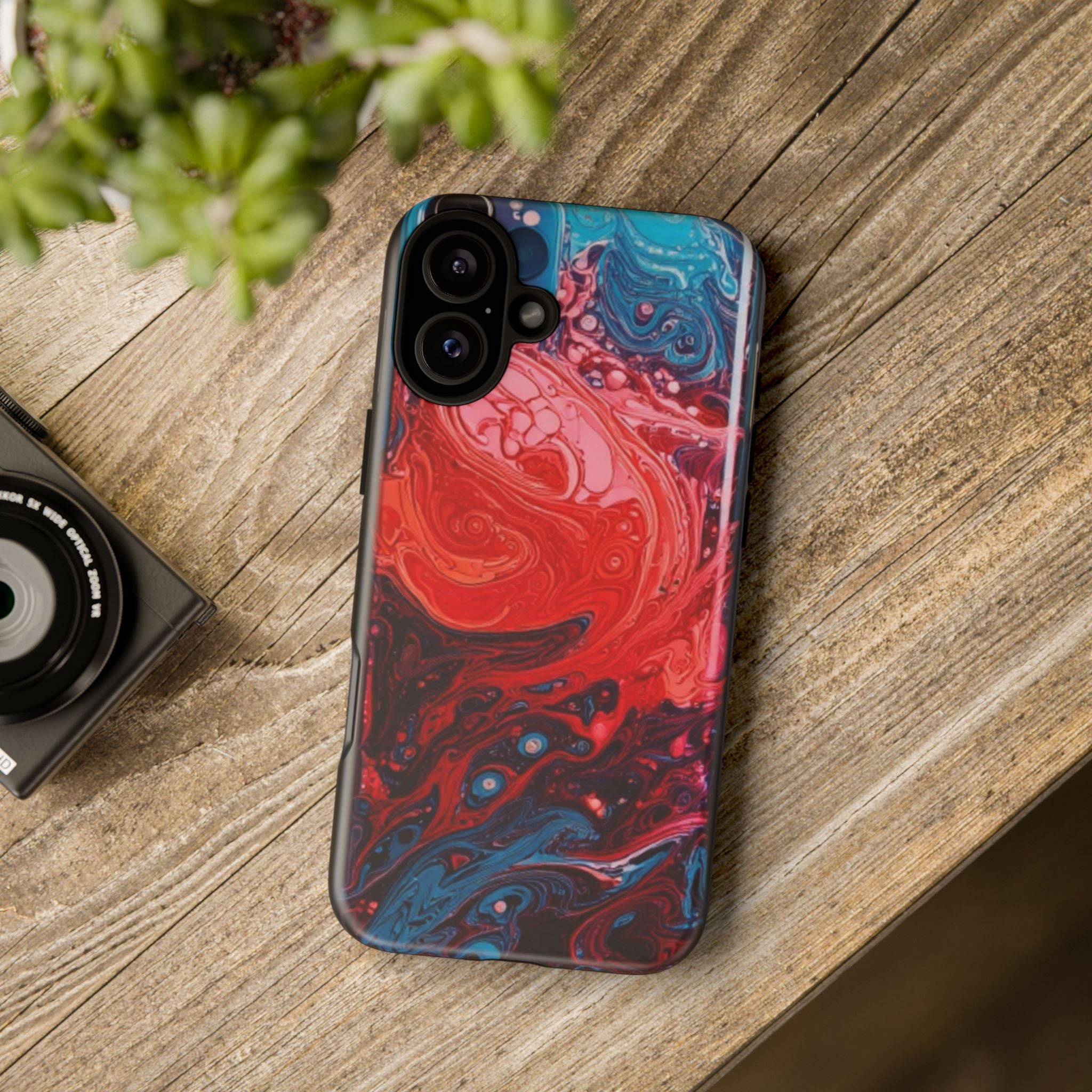 Abstract Red & Blue Swirl Tough Phone Case — Protective iPhone Cover with Fluid Art Design