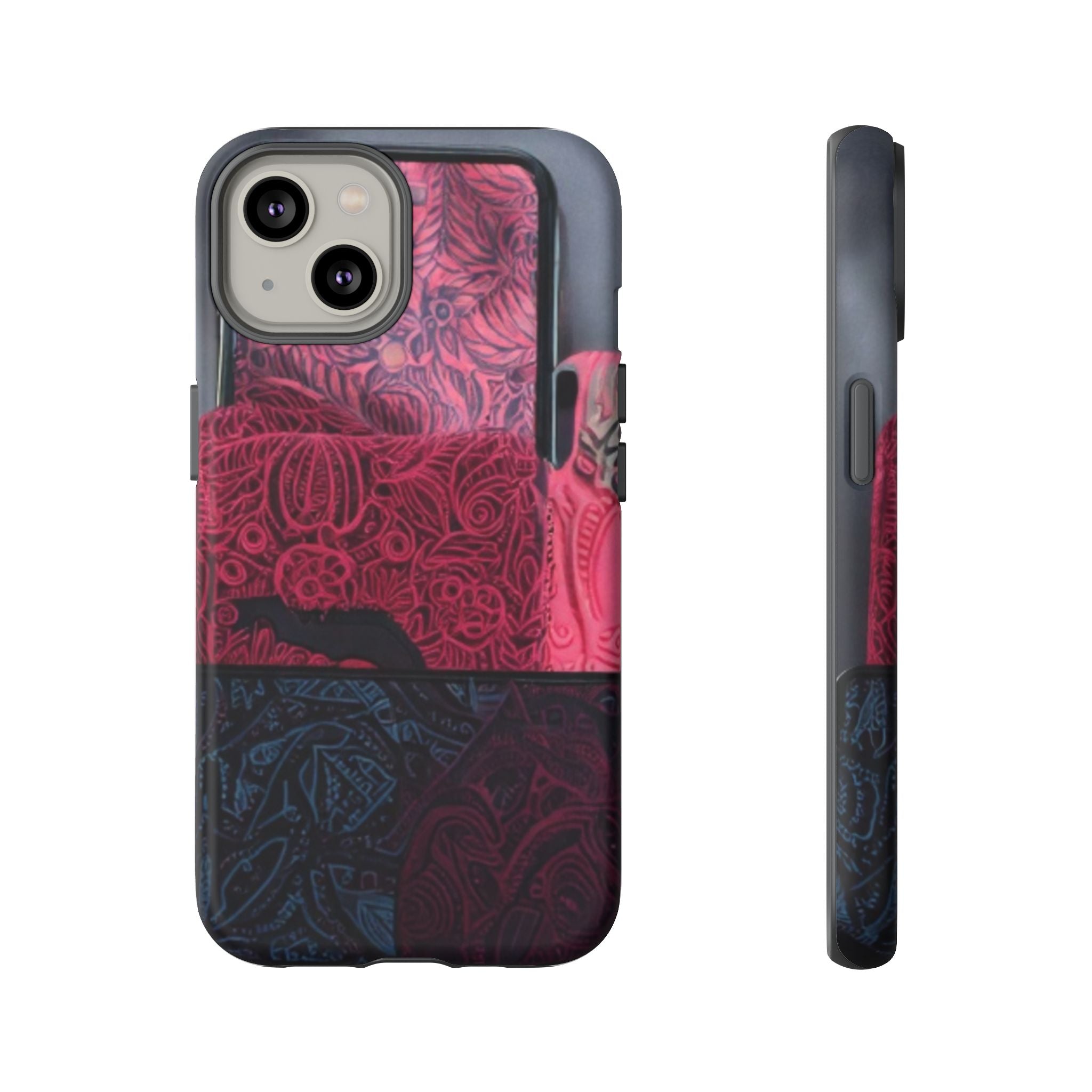 Floral Patchwork Tough Phone Case — Pink & Navy Doodle Design