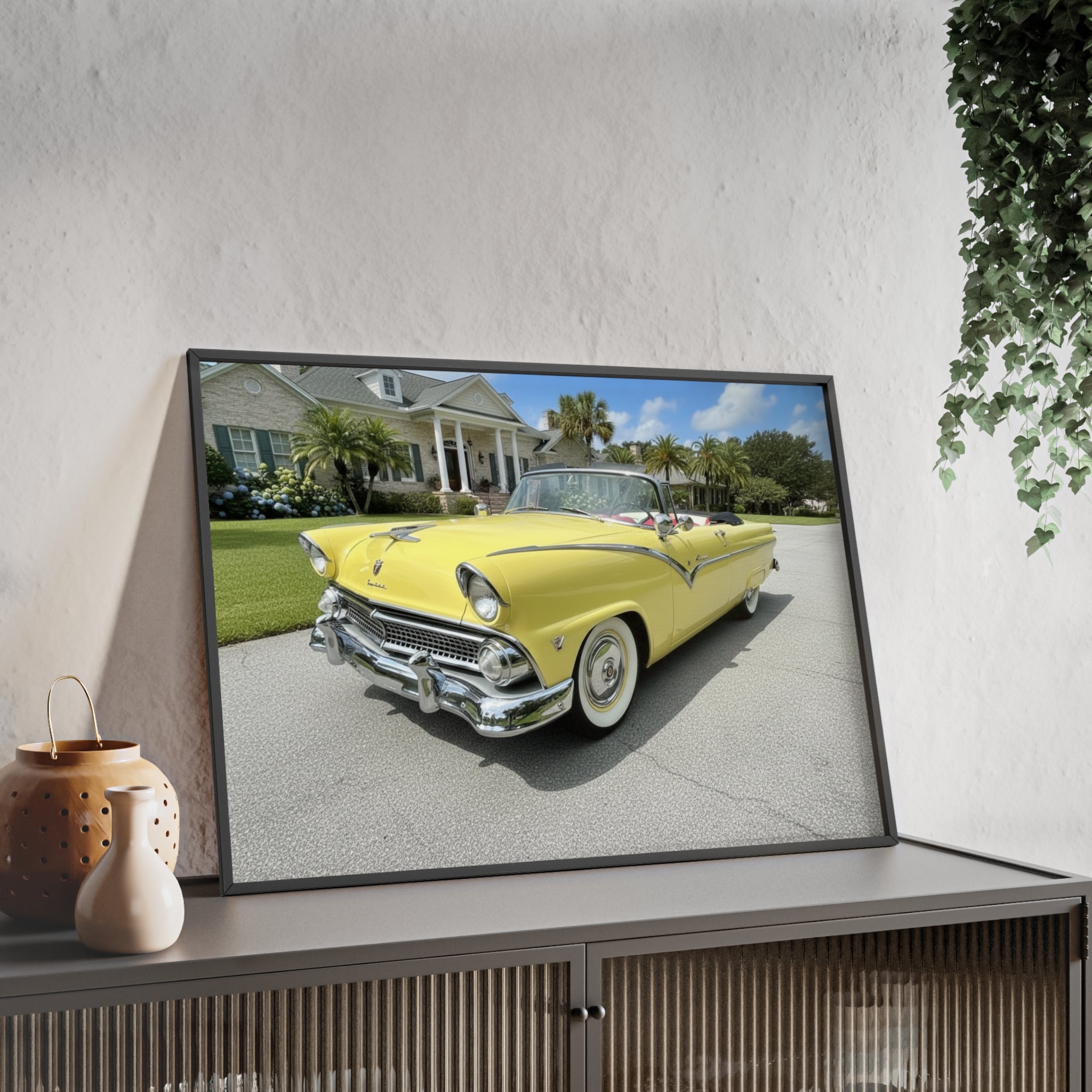 Vintage Yellow Classic Car Poster — Framed Wooden Wall Art