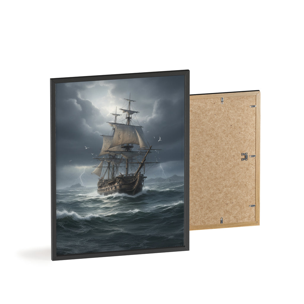 Framed Stormy Sea Ship Poster — Nautical Wall Art with Wooden Frame