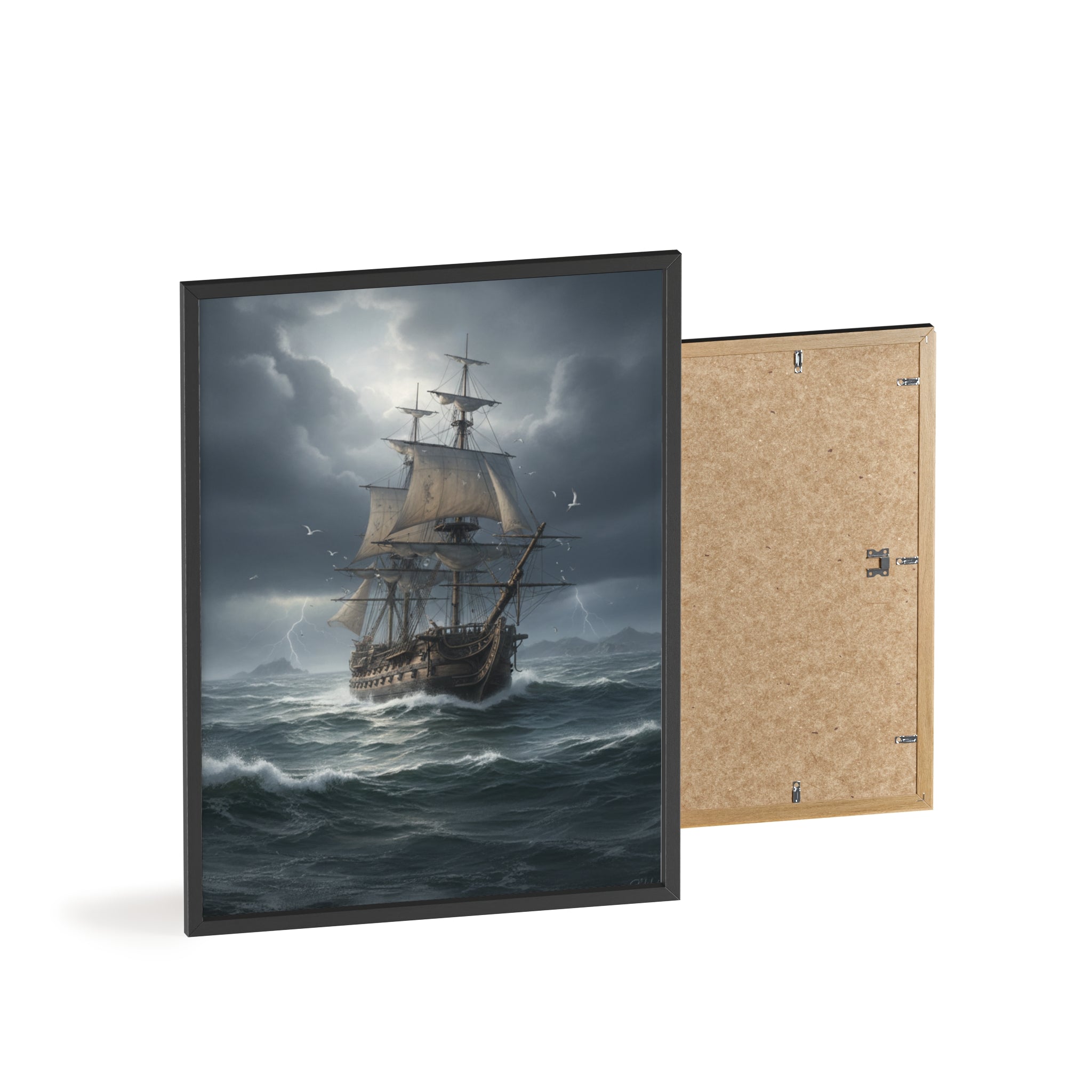Framed Stormy Sea Ship Poster — Nautical Wall Art with Wooden Frame