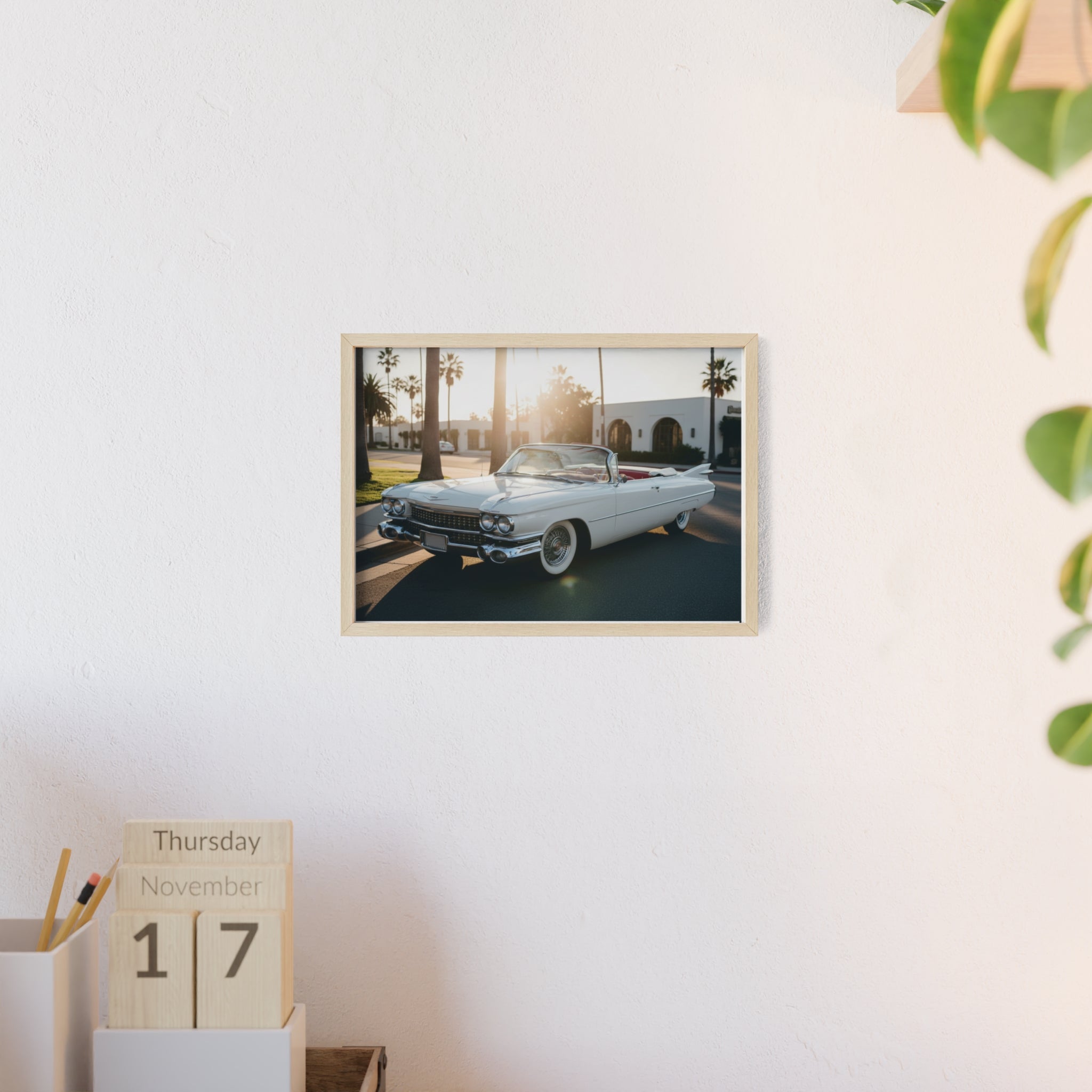 Vintage Cadillac Convertible Poster with Wooden Frame — Retro Palm Trees Sunset Wall Art