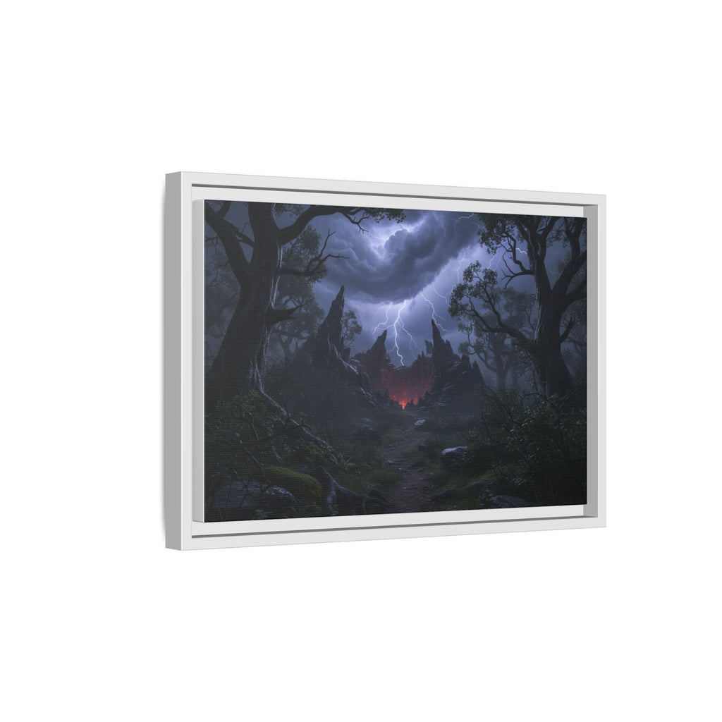 Dark Storm Forest Framed Canvas Print — Lightning, Haunted Castle Art