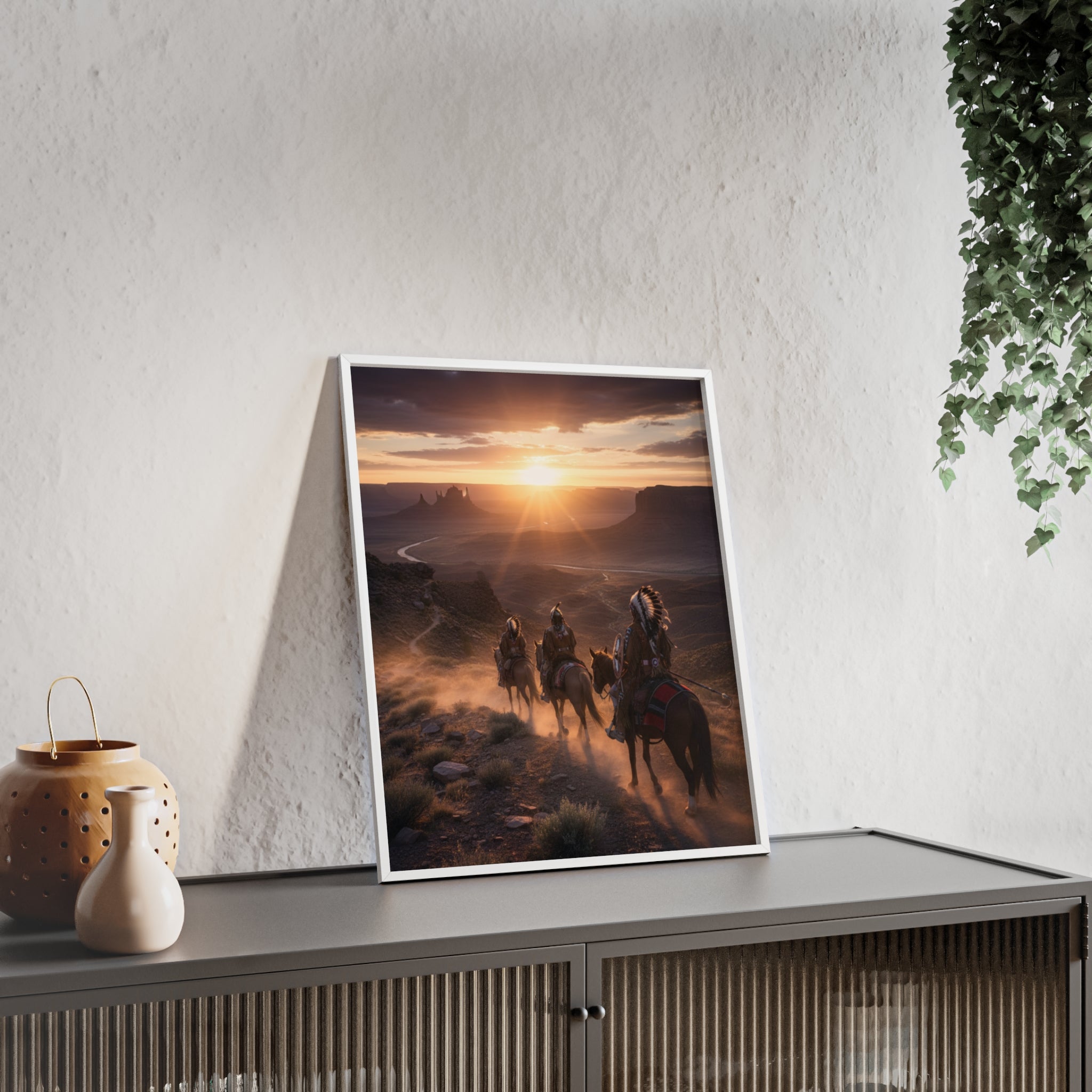 Framed Western Sunset Poster — Native Riders on Horseback Wall Art