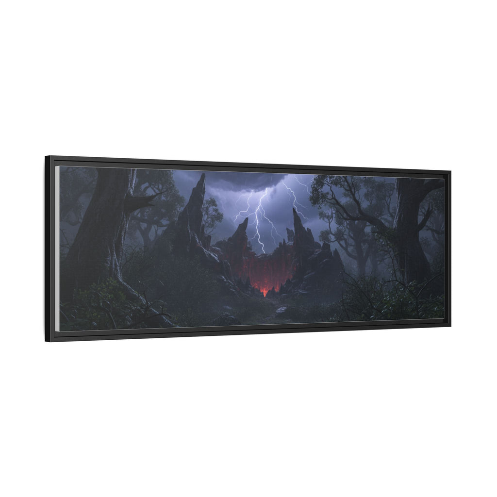 Dark Storm Forest Framed Canvas Print — Lightning, Haunted Castle Art