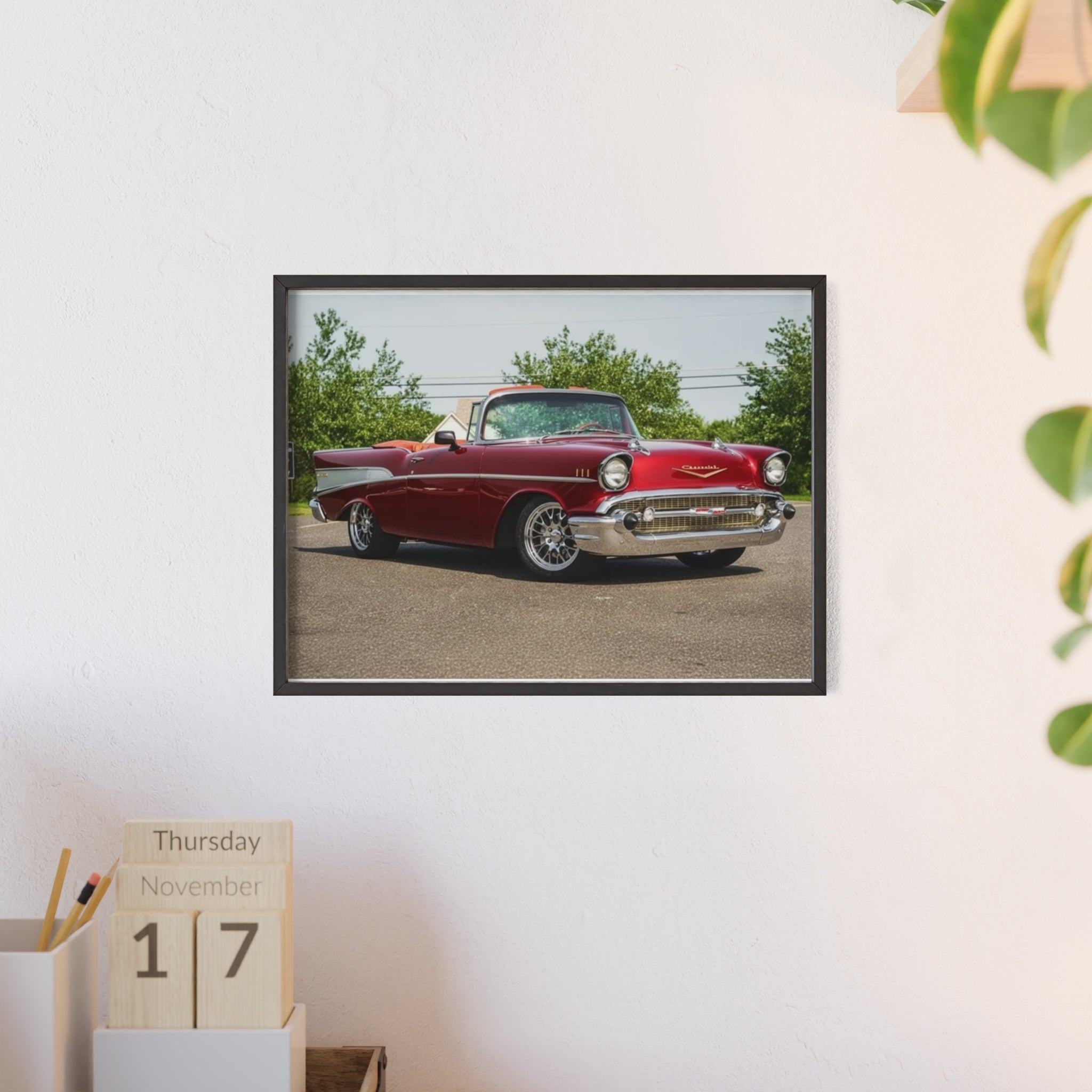 Classic Red Chevy Poster with Wooden Frame — Vintage Car Wall Art for Garage, Man Cave, Auto Enthusiasts