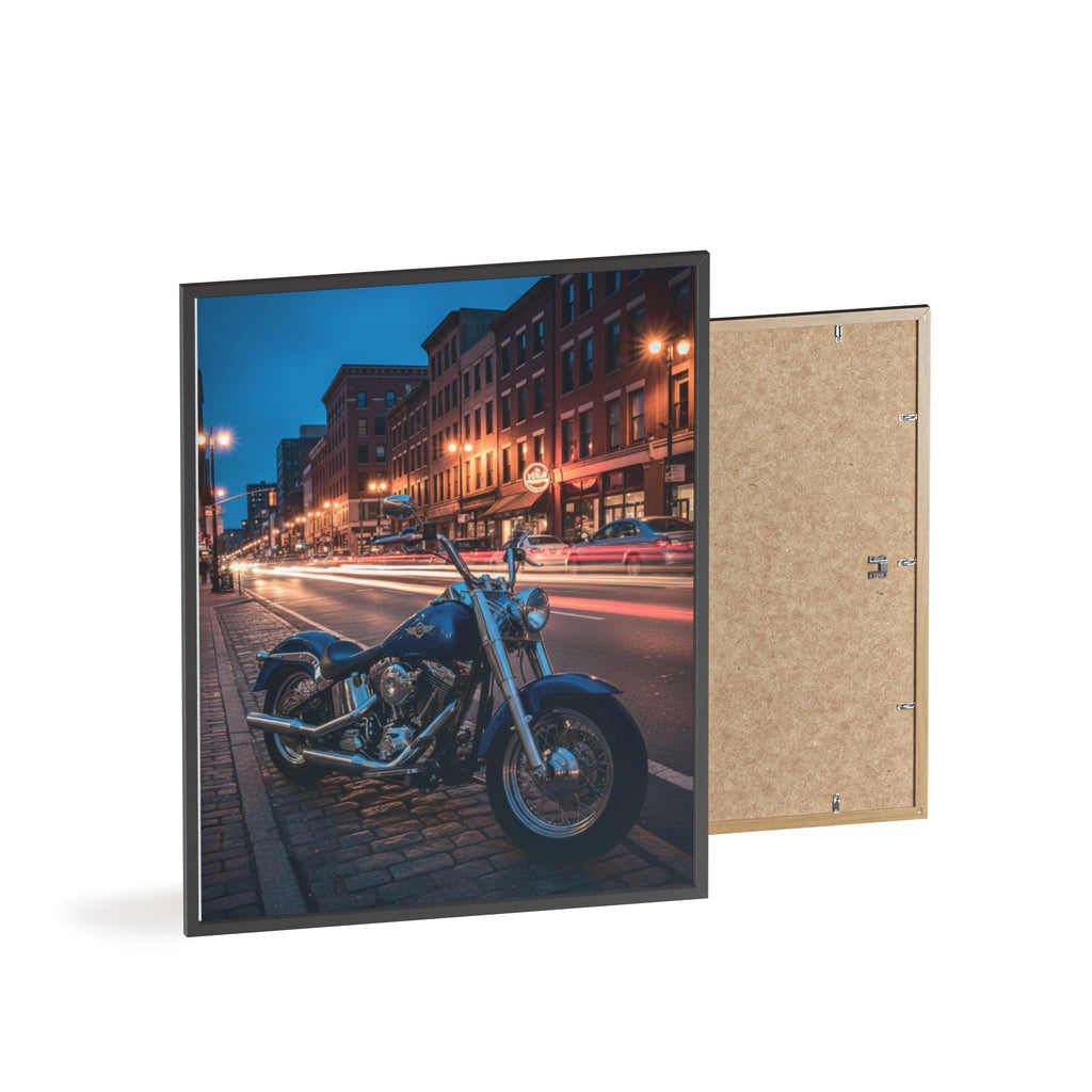 Framed Motorcycle Poster — Night City Street Bike Wall Art
