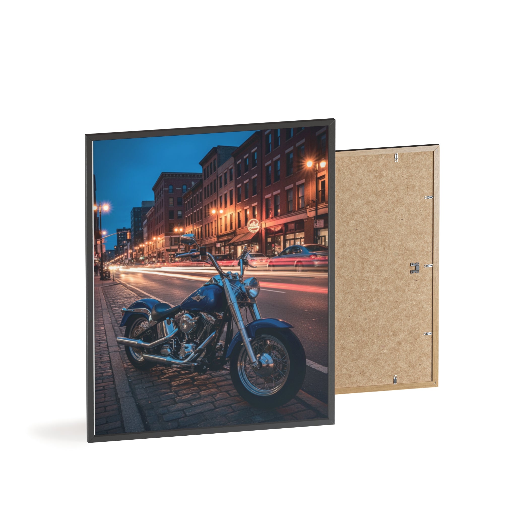 Framed Motorcycle Poster — Night City Street Bike Wall Art