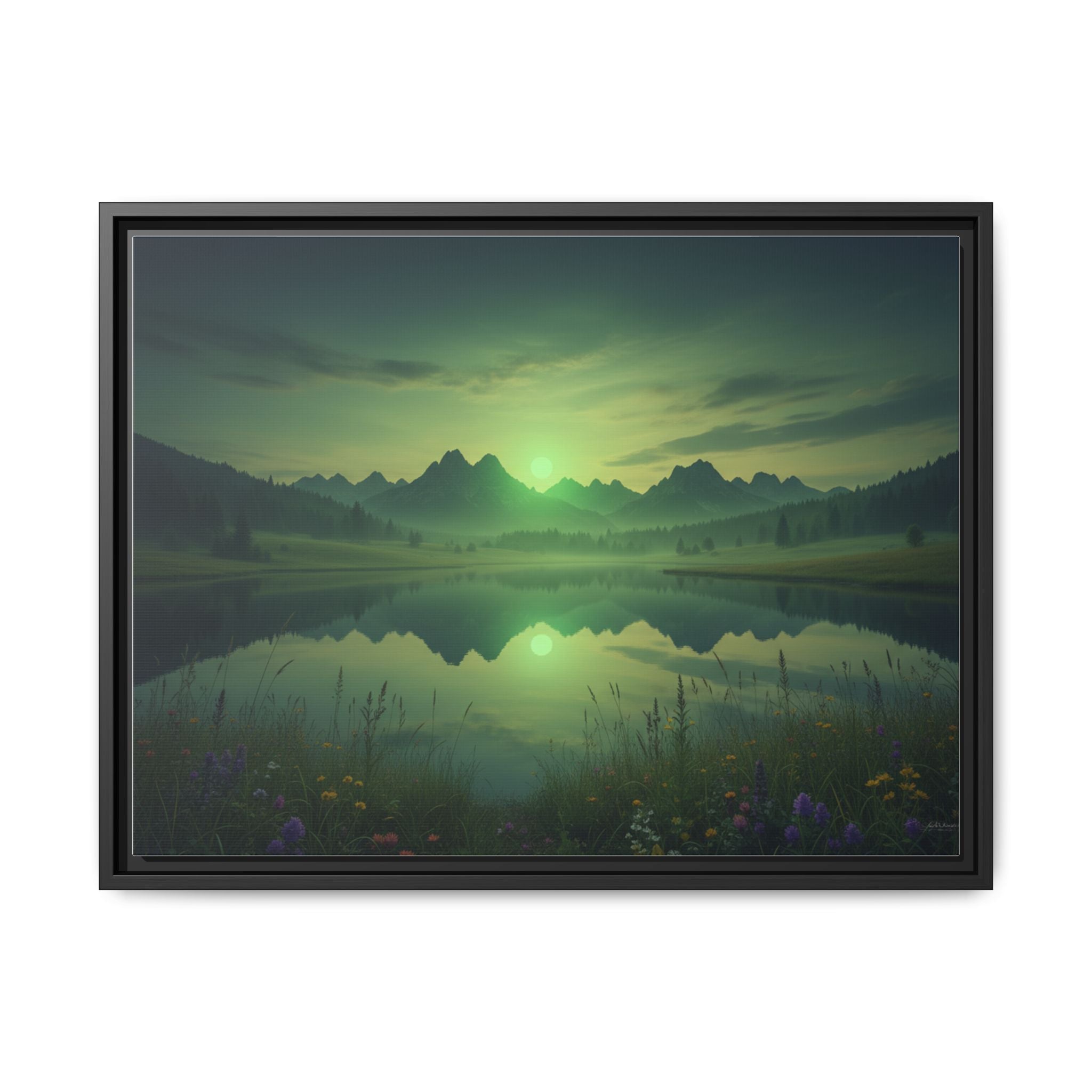 Framed Matte Canvas Print — Serene Green Mountain Lake Landscape