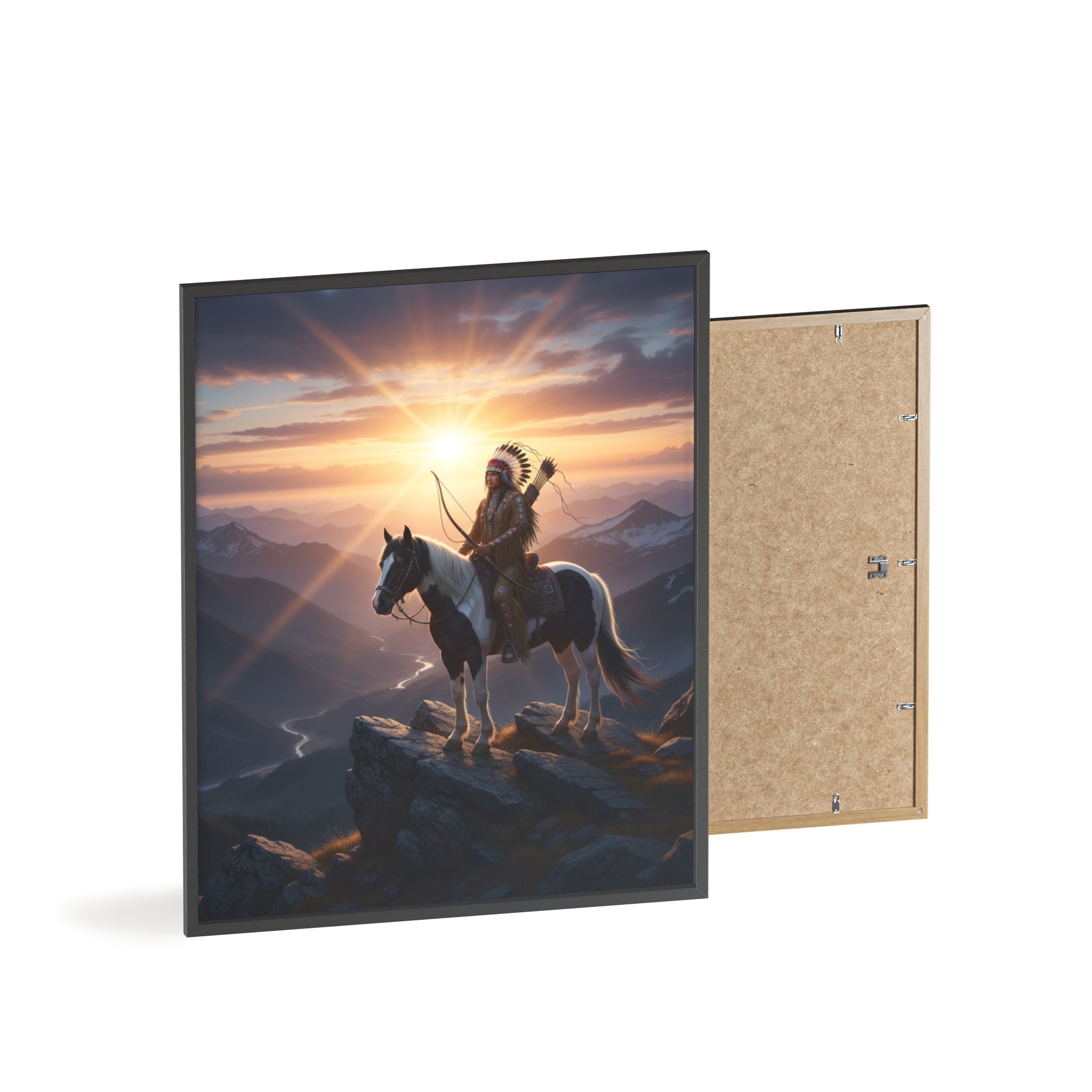 Native American Warrior on Horse Framed Poster — Scenic Sunrise Wall Art